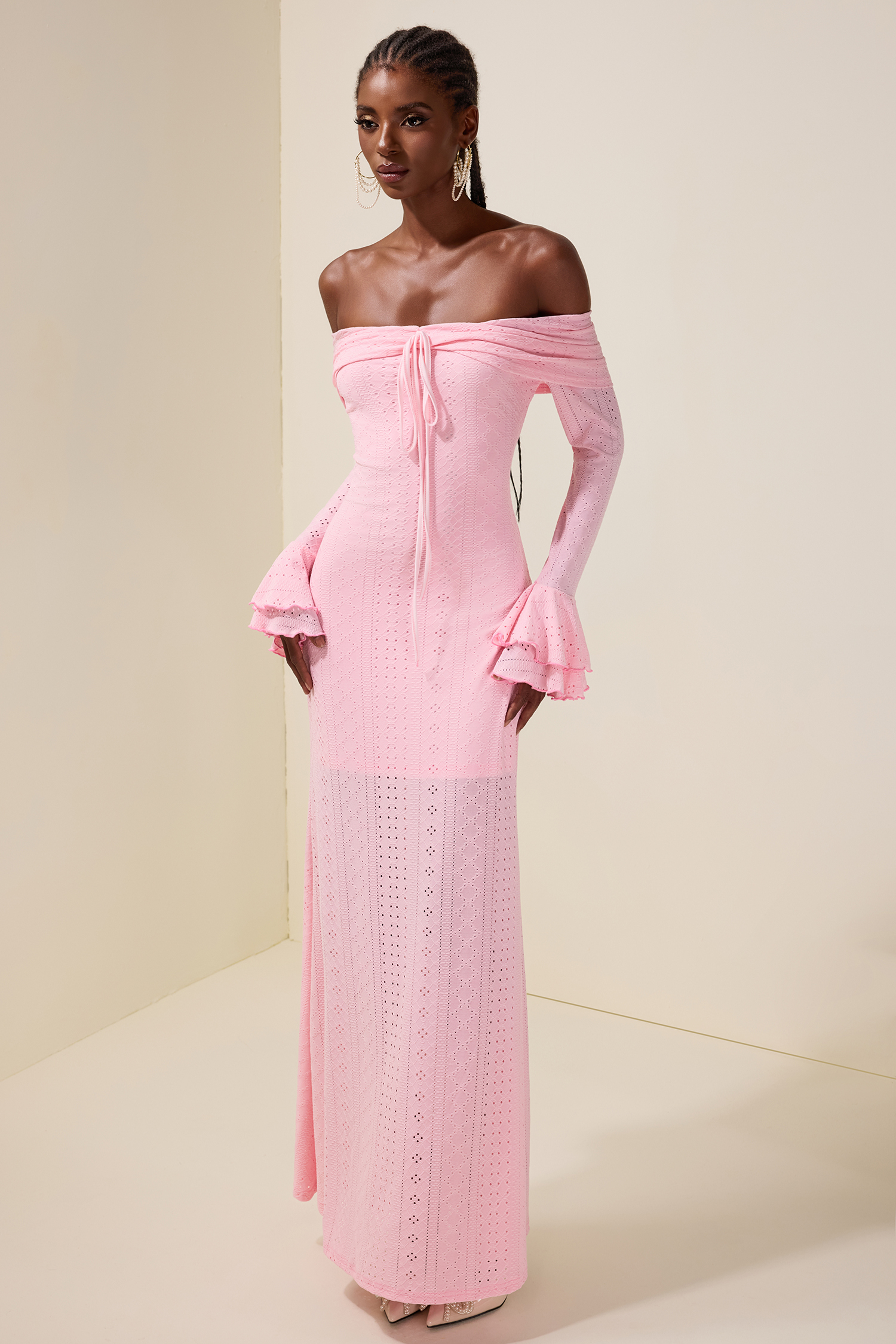 Off-Shoulder Lace Up Bell Sleeve Midi Dress