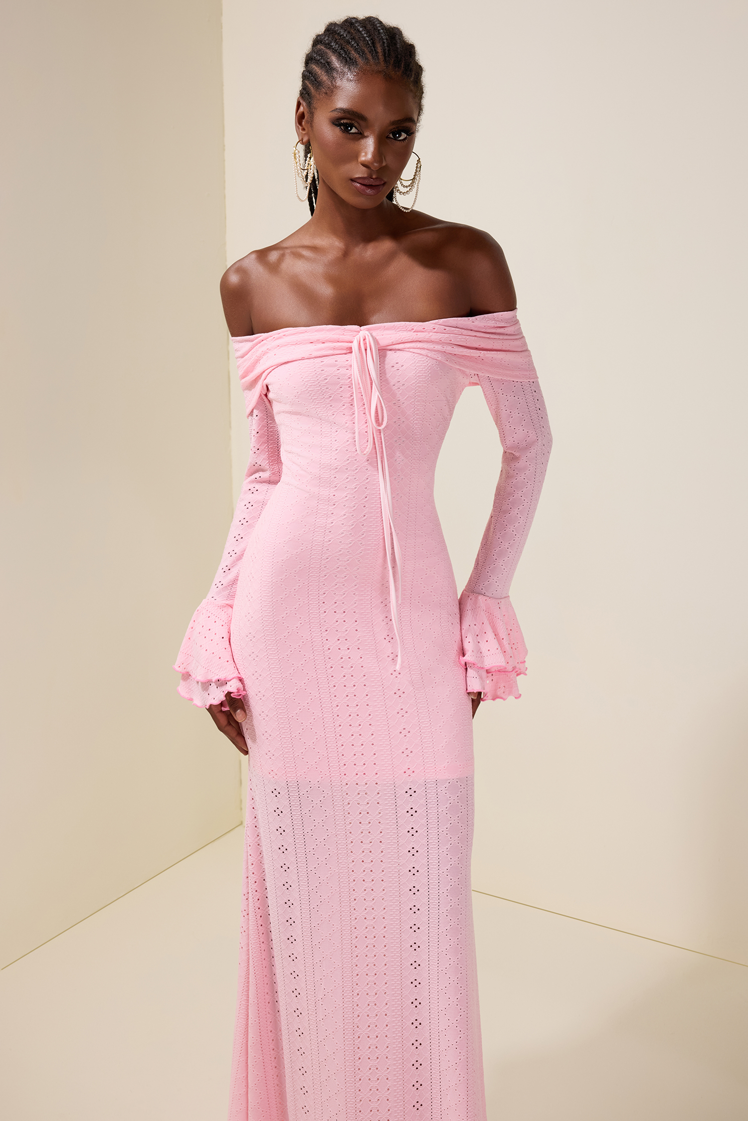 Off-Shoulder Lace Up Bell Sleeve Midi Dress