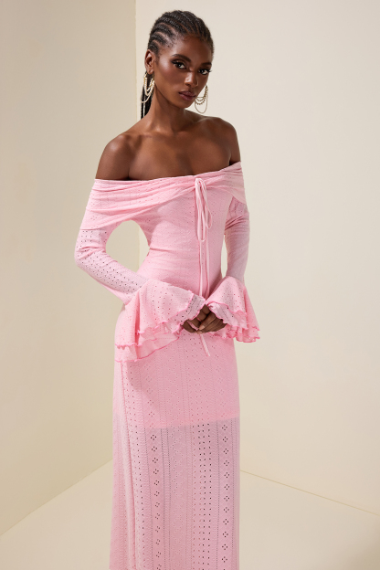 Off-Shoulder Lace Up Bell Sleeve Midi Dress
