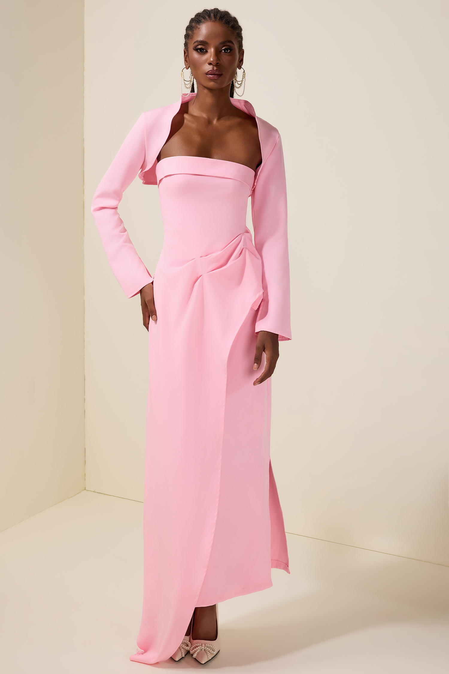 Ruched Slit Maxi Dress With Cardigan