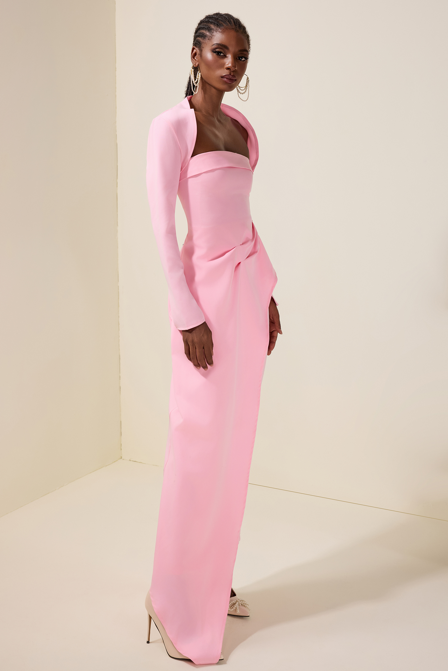 Ruched Slit Maxi Dress With Cardigan