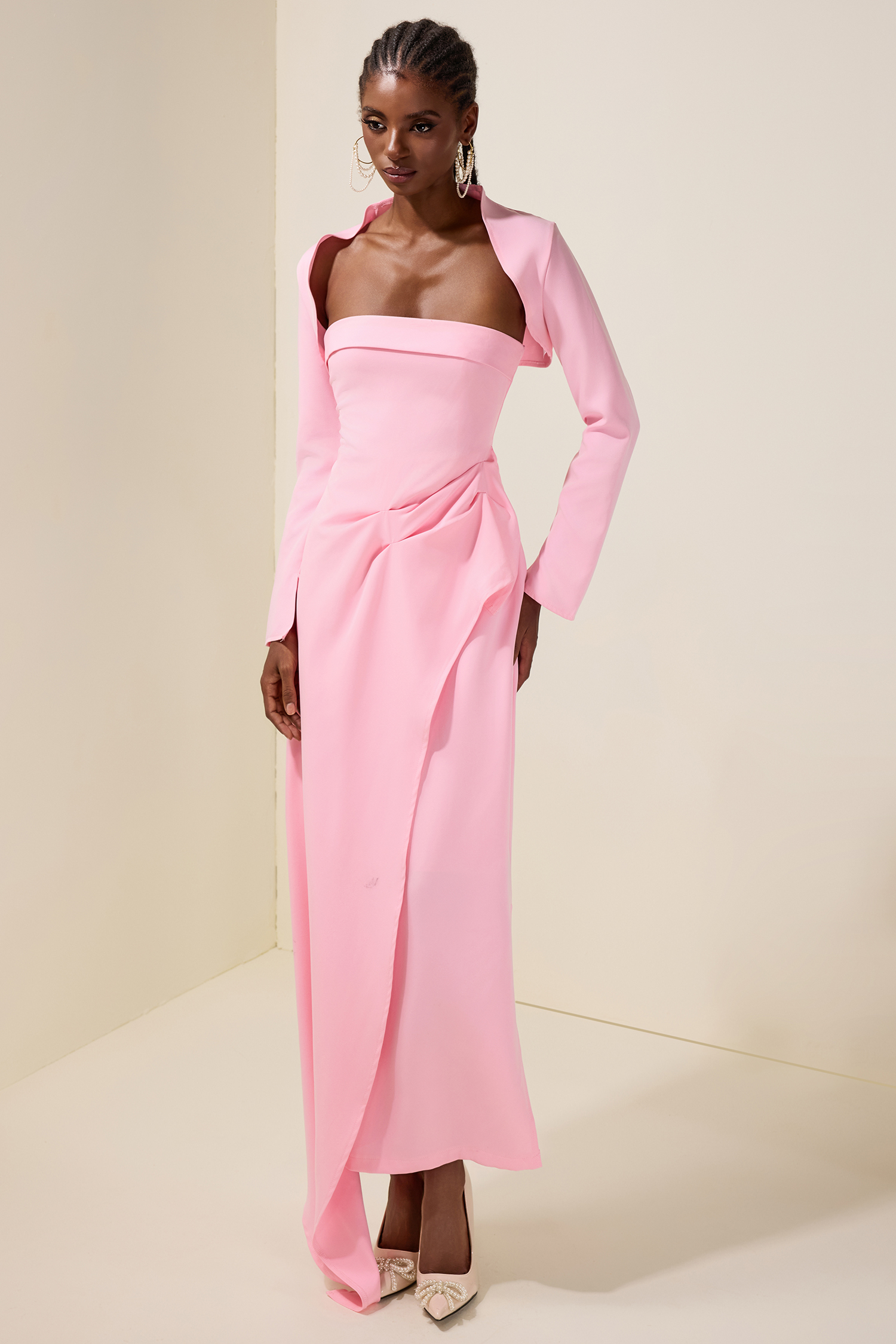 Ruched Slit Maxi Dress With Cardigan