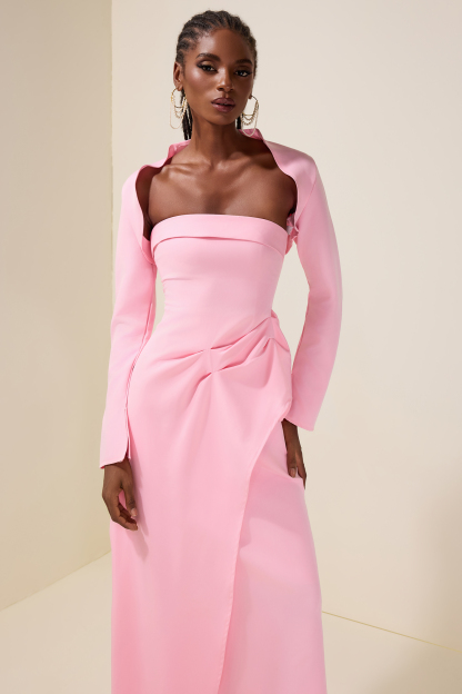 Ruched Slit Maxi Dress With Cardigan