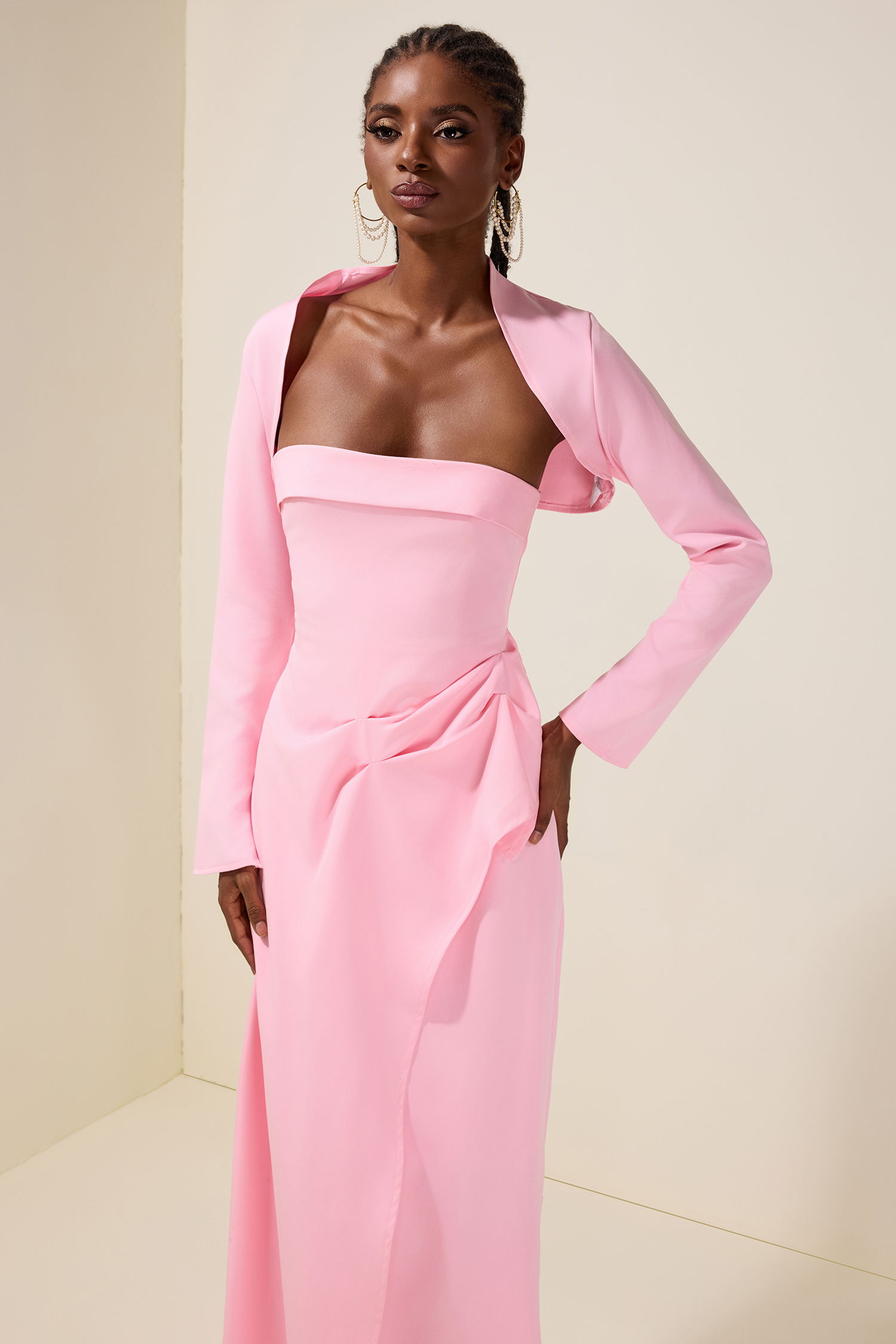 Ruched Slit Maxi Dress With Cardigan