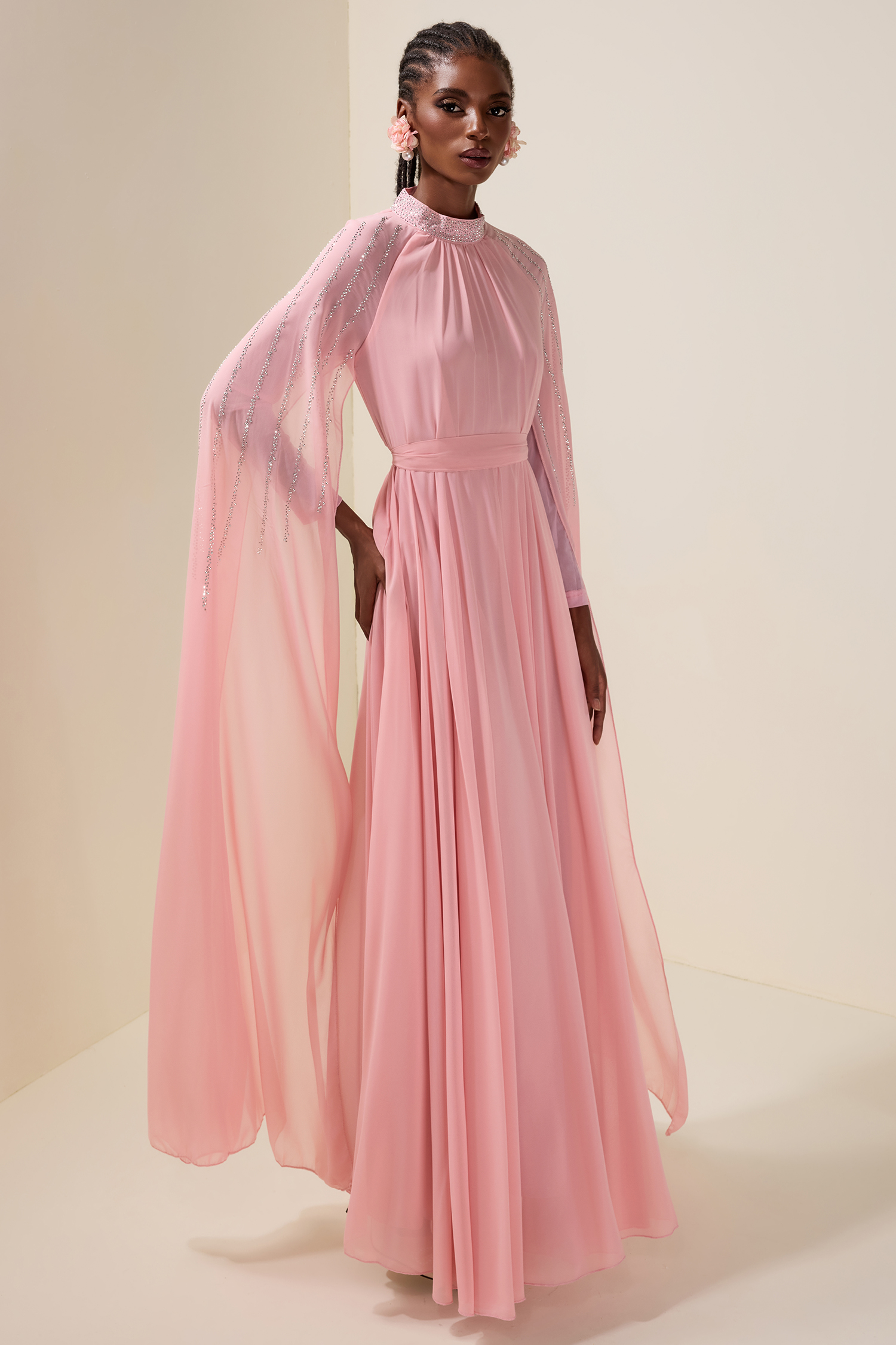 Chiffon Rhinestone Cape Sleeve Maxi Dress With Belt