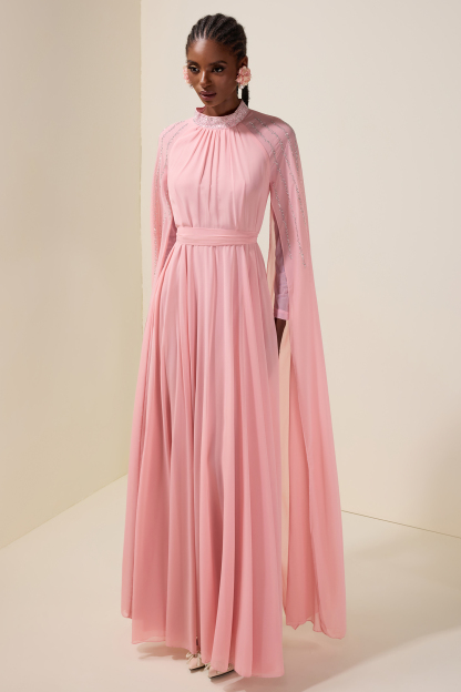 Chiffon Rhinestone Cape Sleeve Maxi Dress With Belt