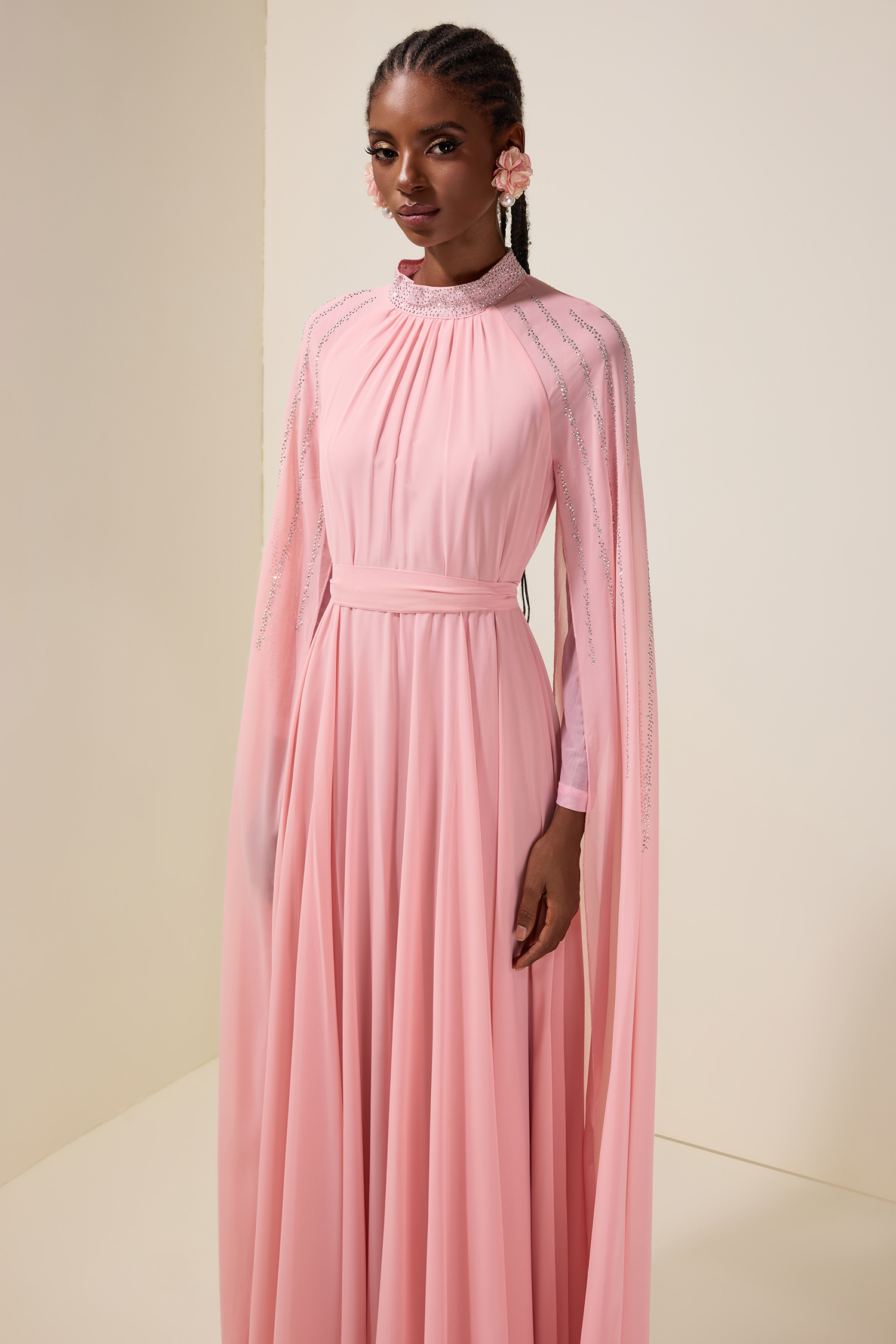 Chiffon Rhinestone Cape Sleeve Maxi Dress With Belt