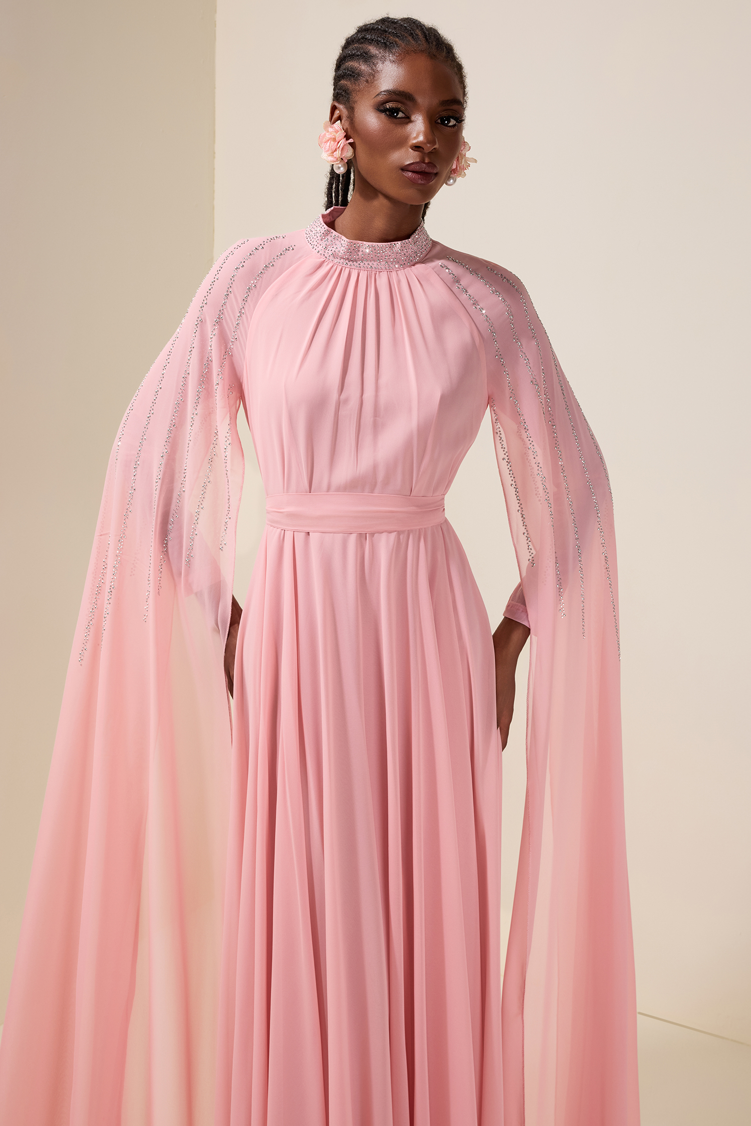Chiffon Rhinestone Cape Sleeve Maxi Dress With Belt