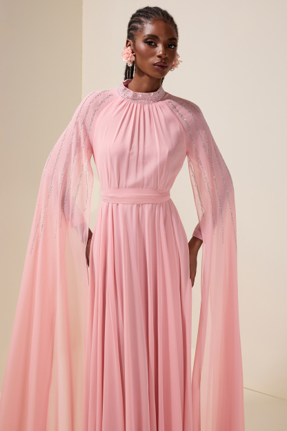 Chiffon Rhinestone Cape Sleeve Maxi Dress With Belt