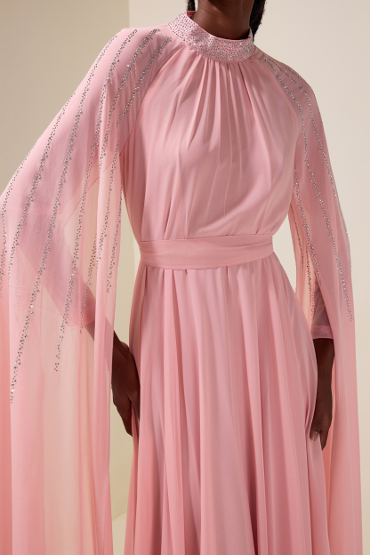 Chiffon Rhinestone Cape Sleeve Maxi Dress With Belt
