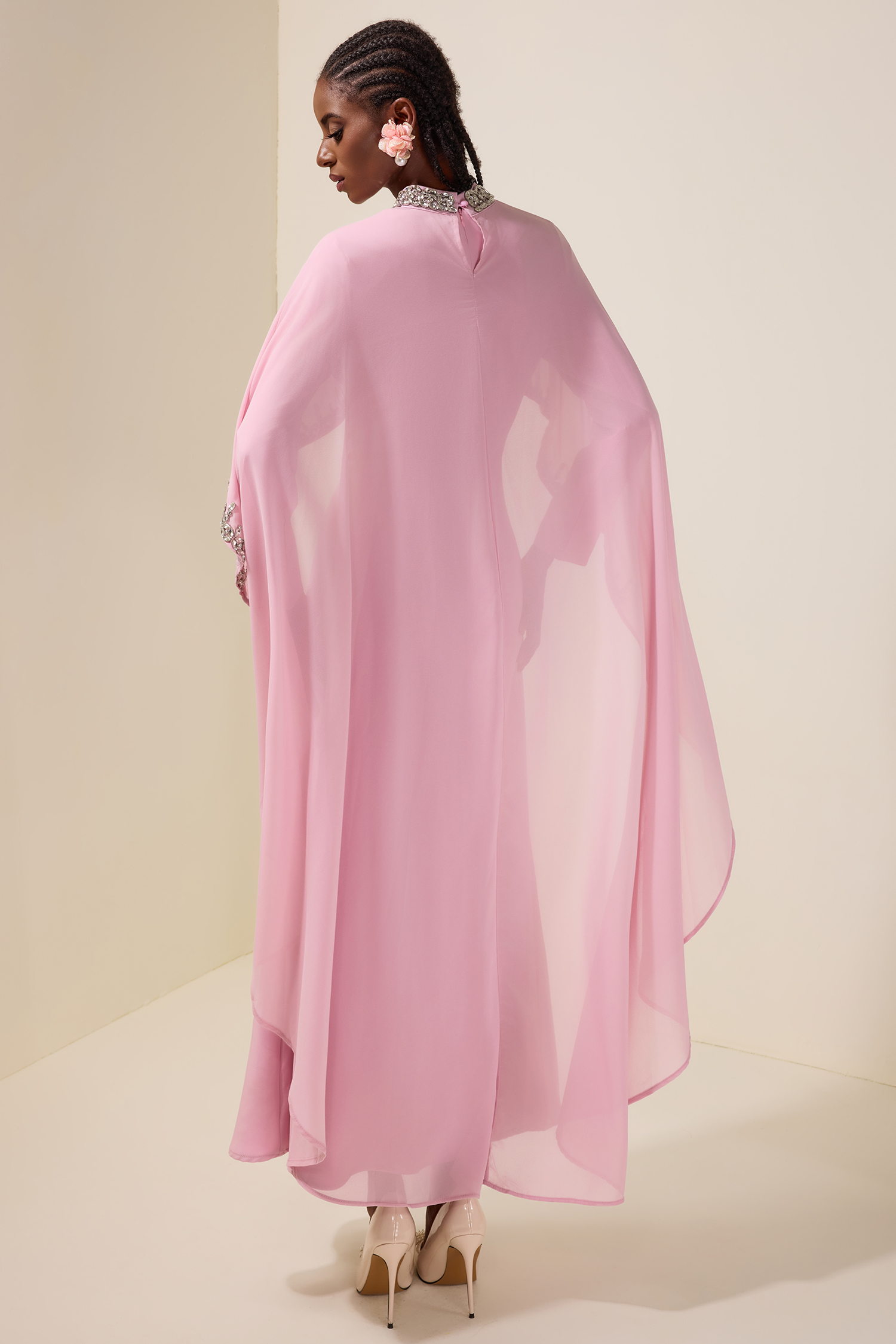 Long Sleeve Maxi Dress With Rhinestone Cape