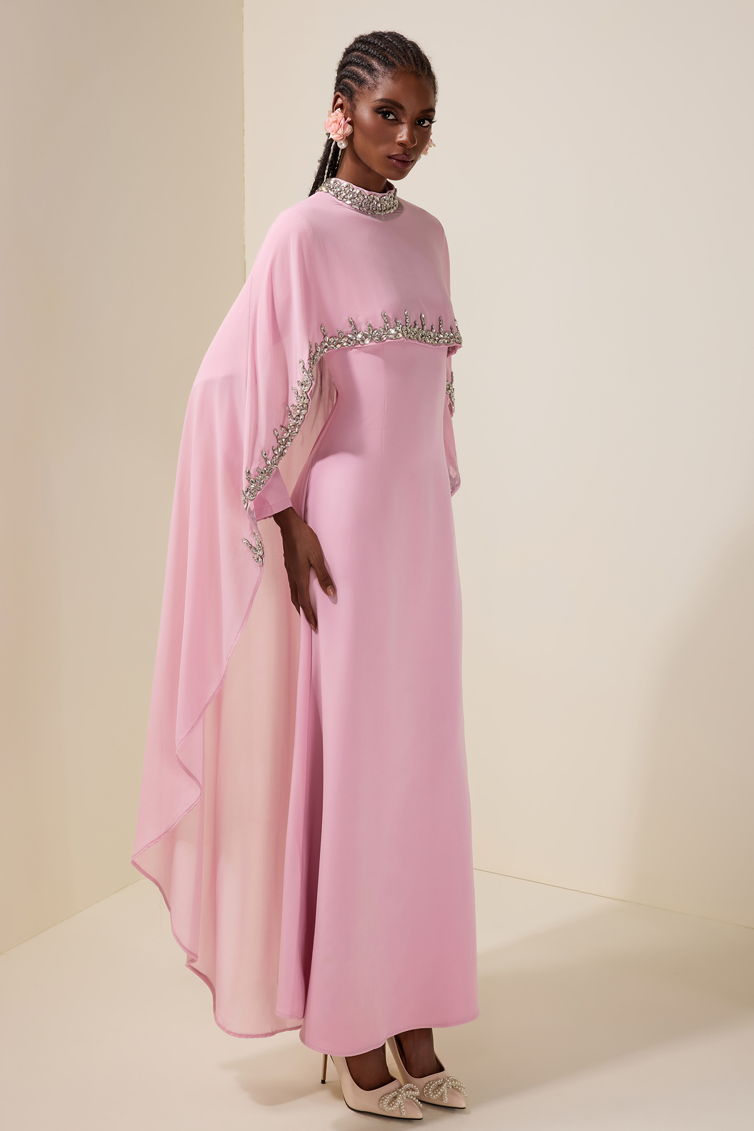 Long Sleeve Maxi Dress With Rhinestone Cape