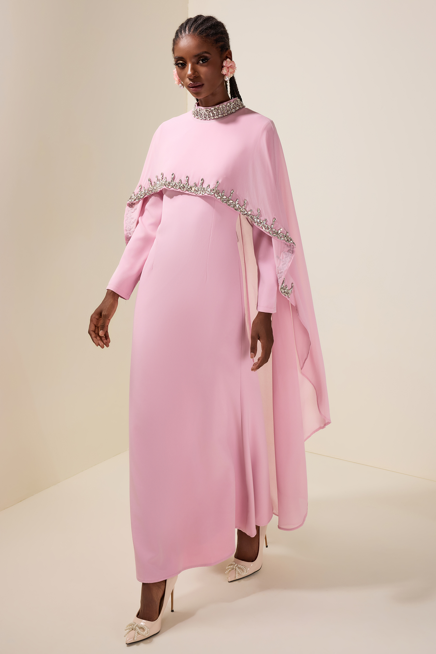 Long Sleeve Maxi Dress With Rhinestone Cape