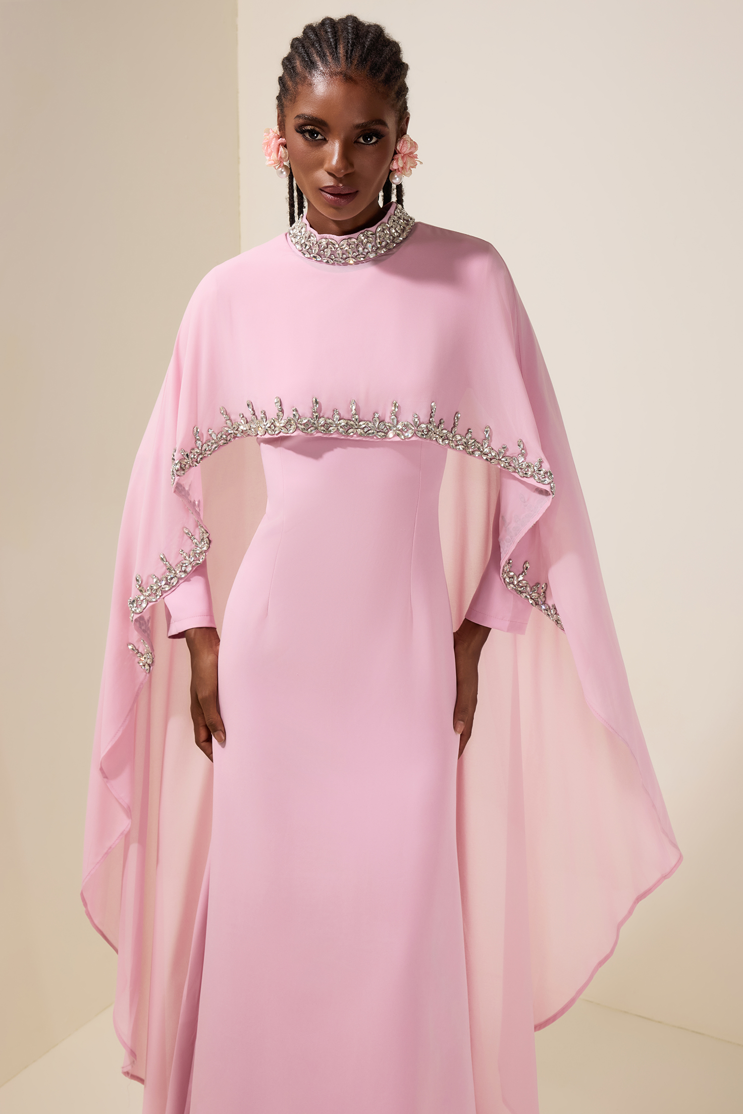 Long Sleeve Maxi Dress With Rhinestone Cape