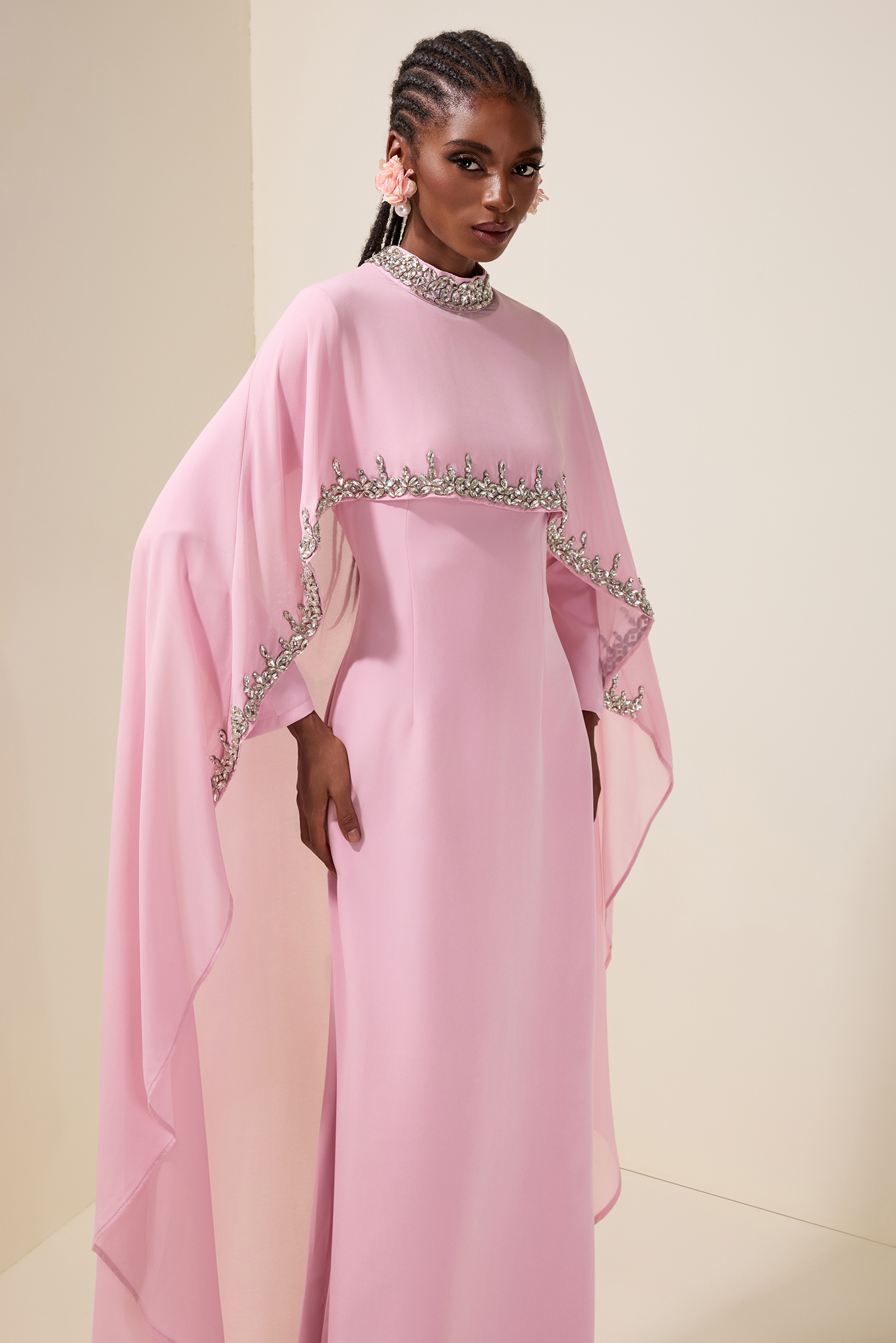 Long Sleeve Maxi Dress With Rhinestone Cape