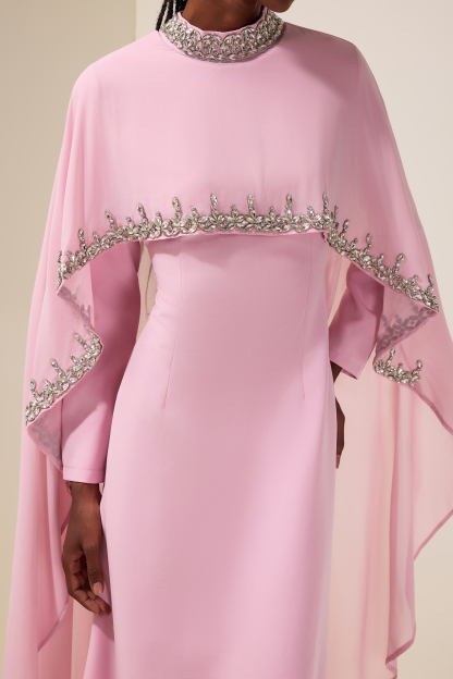Long Sleeve Maxi Dress With Rhinestone Cape