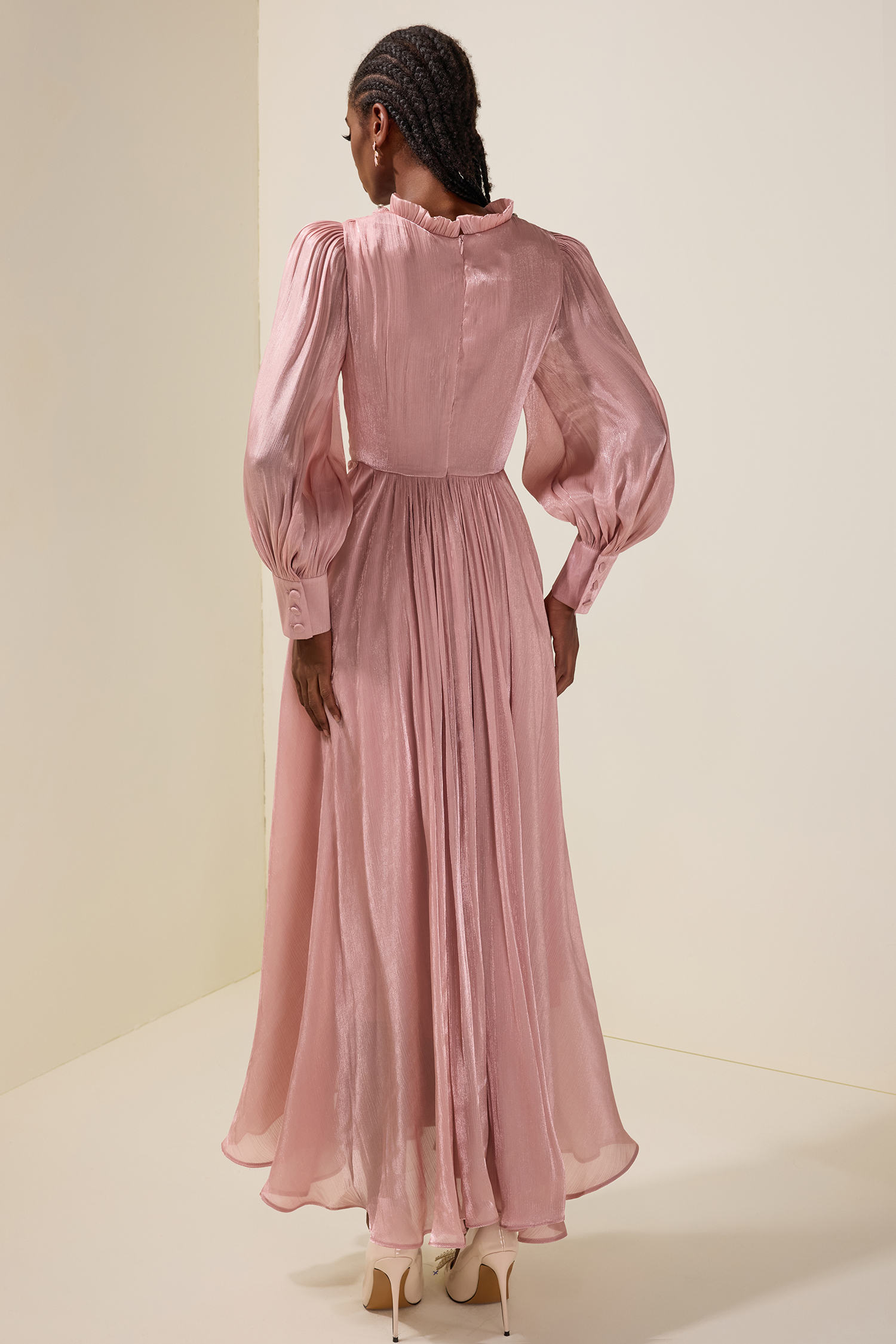 Satin Pleated Rhinestone Rivets Maxi Dress