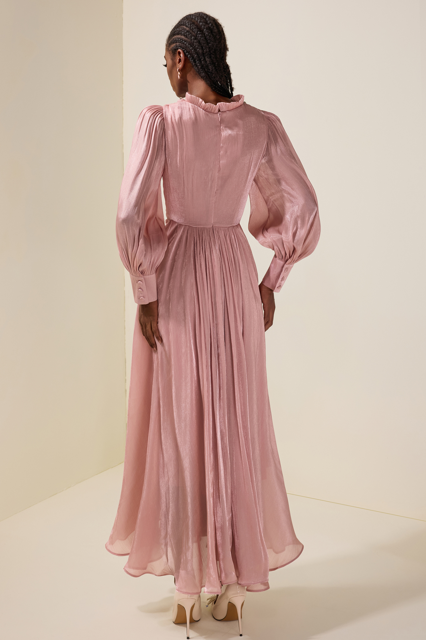 Satin Pleated Rhinestone Rivets Maxi Dress