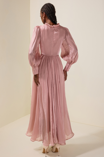 Satin Pleated Rhinestone Rivets Maxi Dress