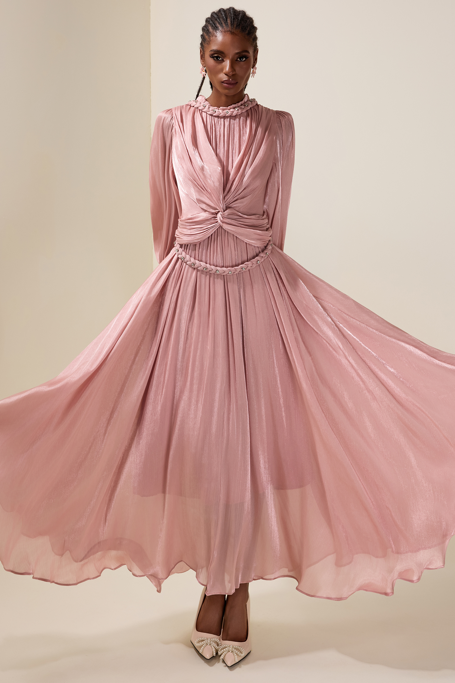 Satin Pleated Rhinestone Rivets Maxi Dress
