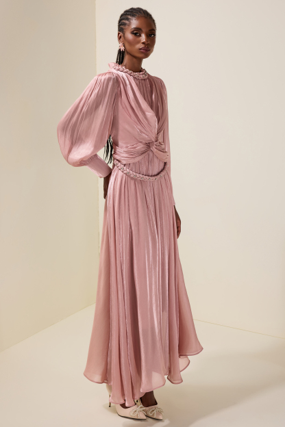 Satin Pleated Rhinestone Rivets Maxi Dress