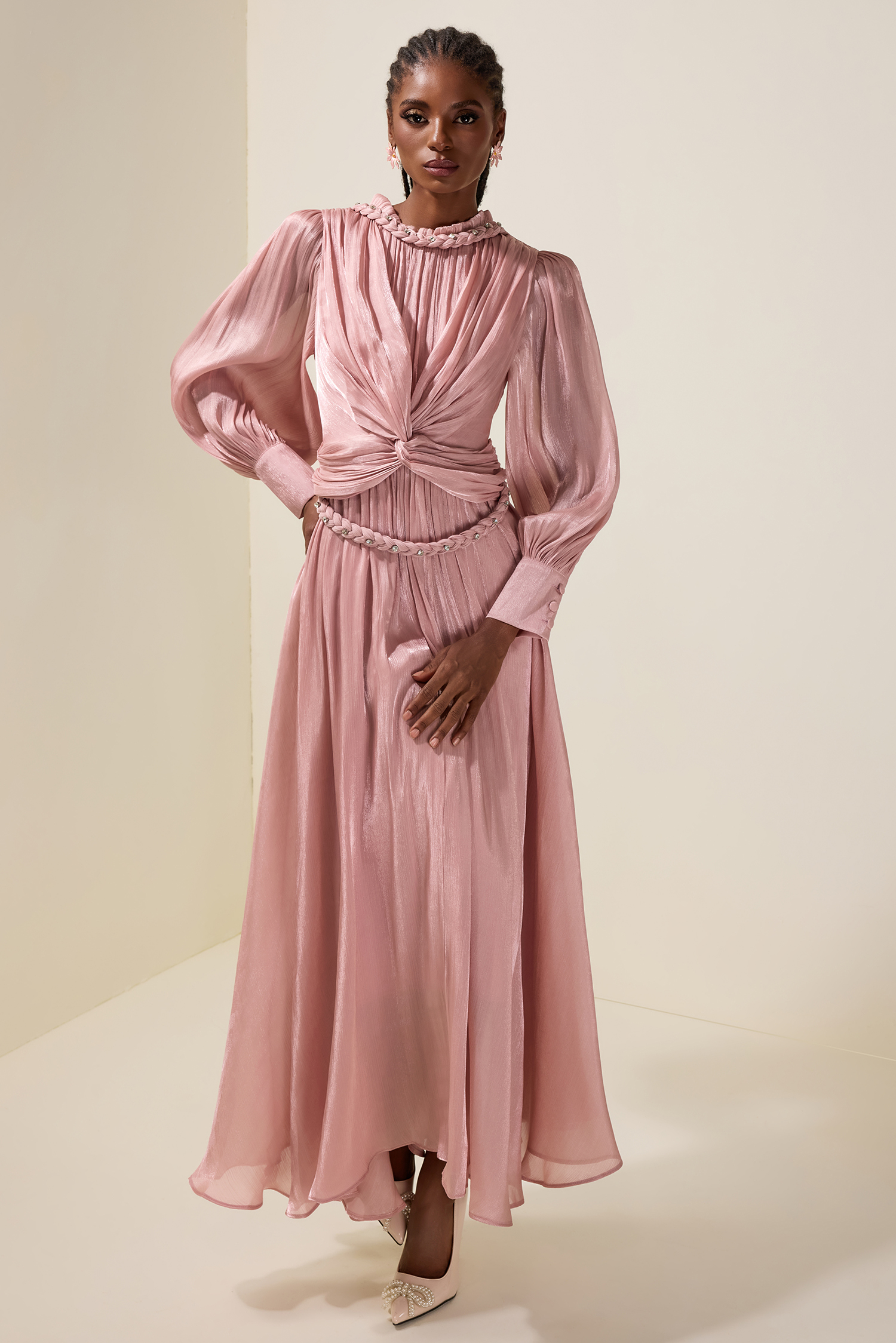 Satin Pleated Rhinestone Rivets Maxi Dress