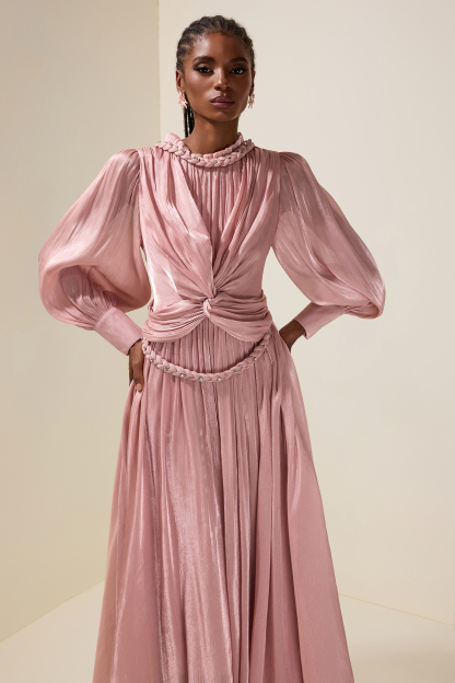 Satin Pleated Rhinestone Rivets Maxi Dress