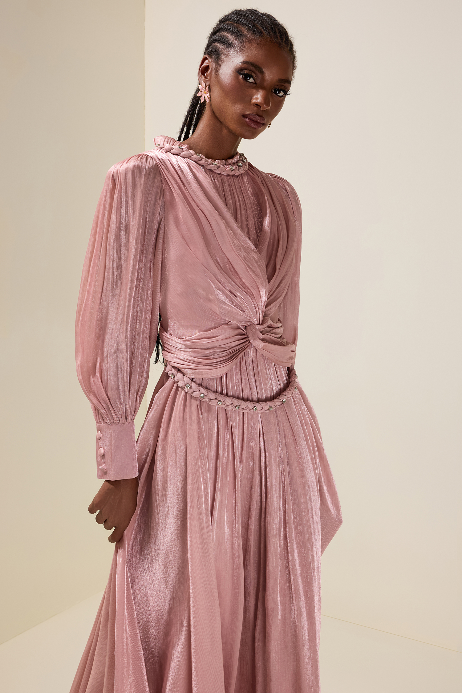 Satin Pleated Rhinestone Rivets Maxi Dress