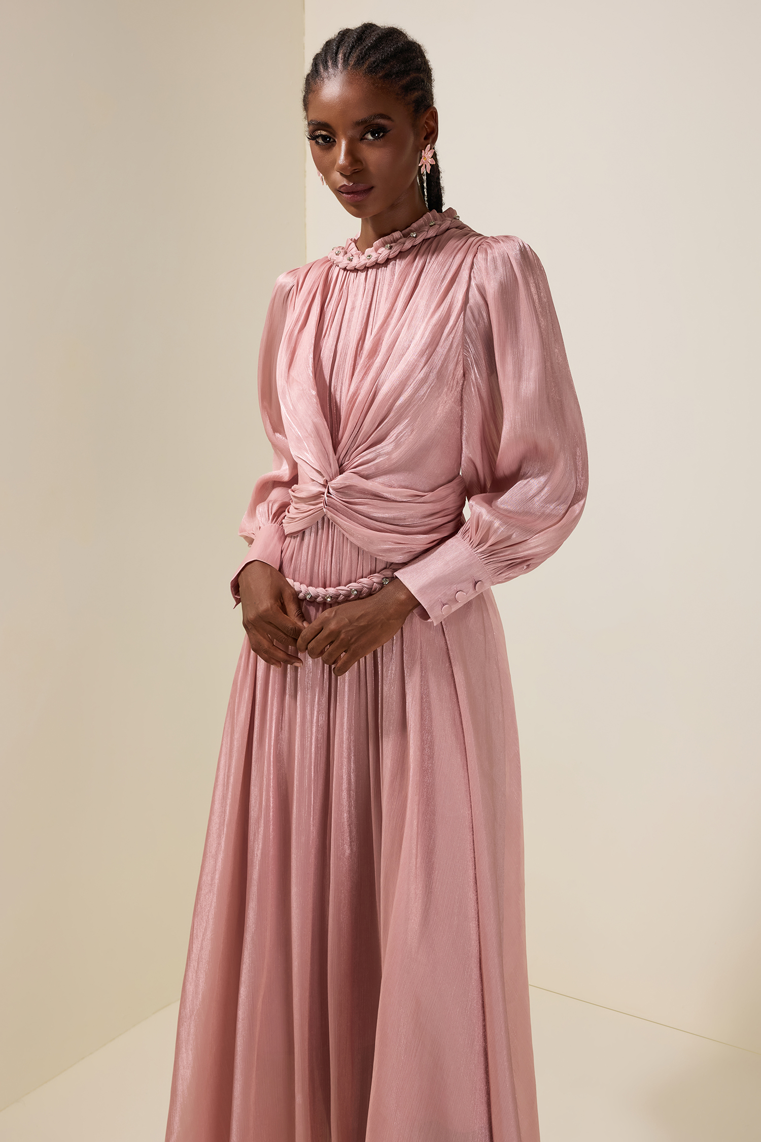 Satin Pleated Rhinestone Rivets Maxi Dress