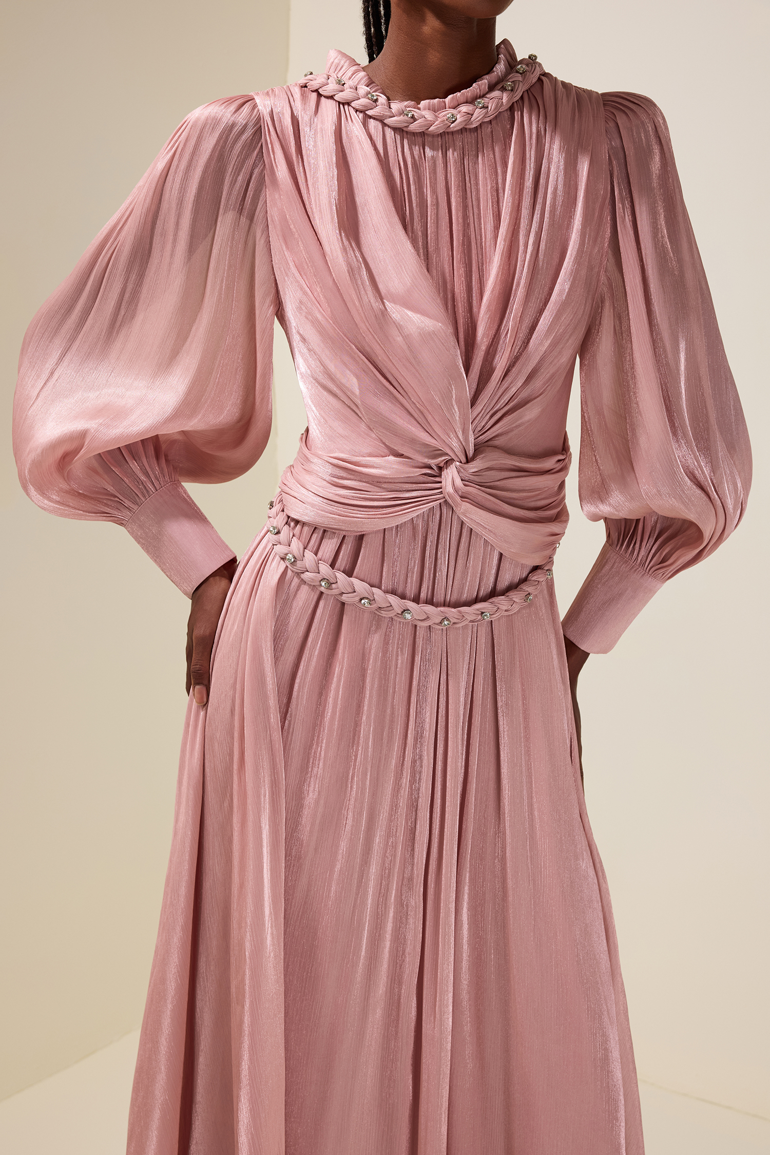 Satin Pleated Rhinestone Rivets Maxi Dress