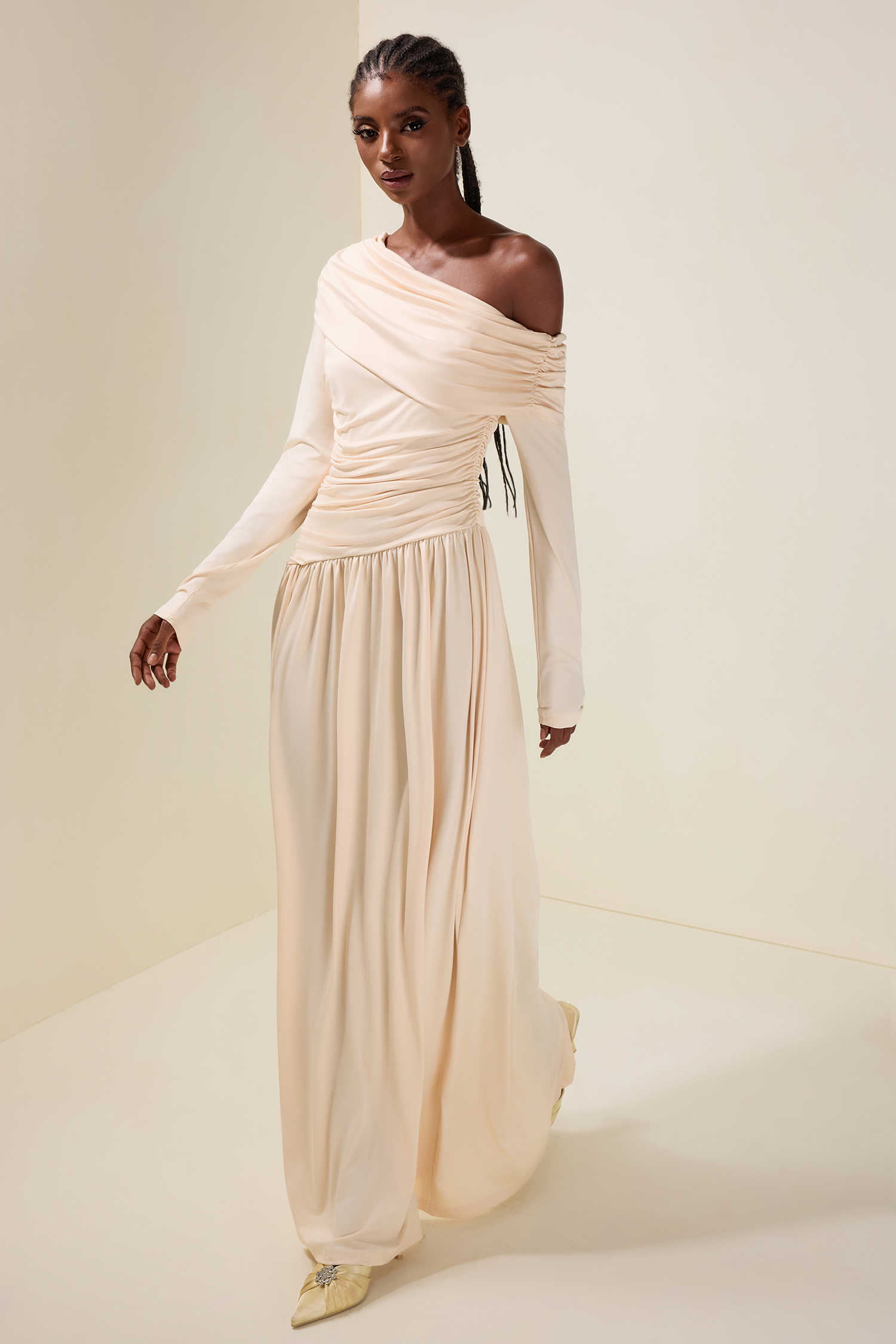 Jersey Gathering Long Sleeve Maxi Dress