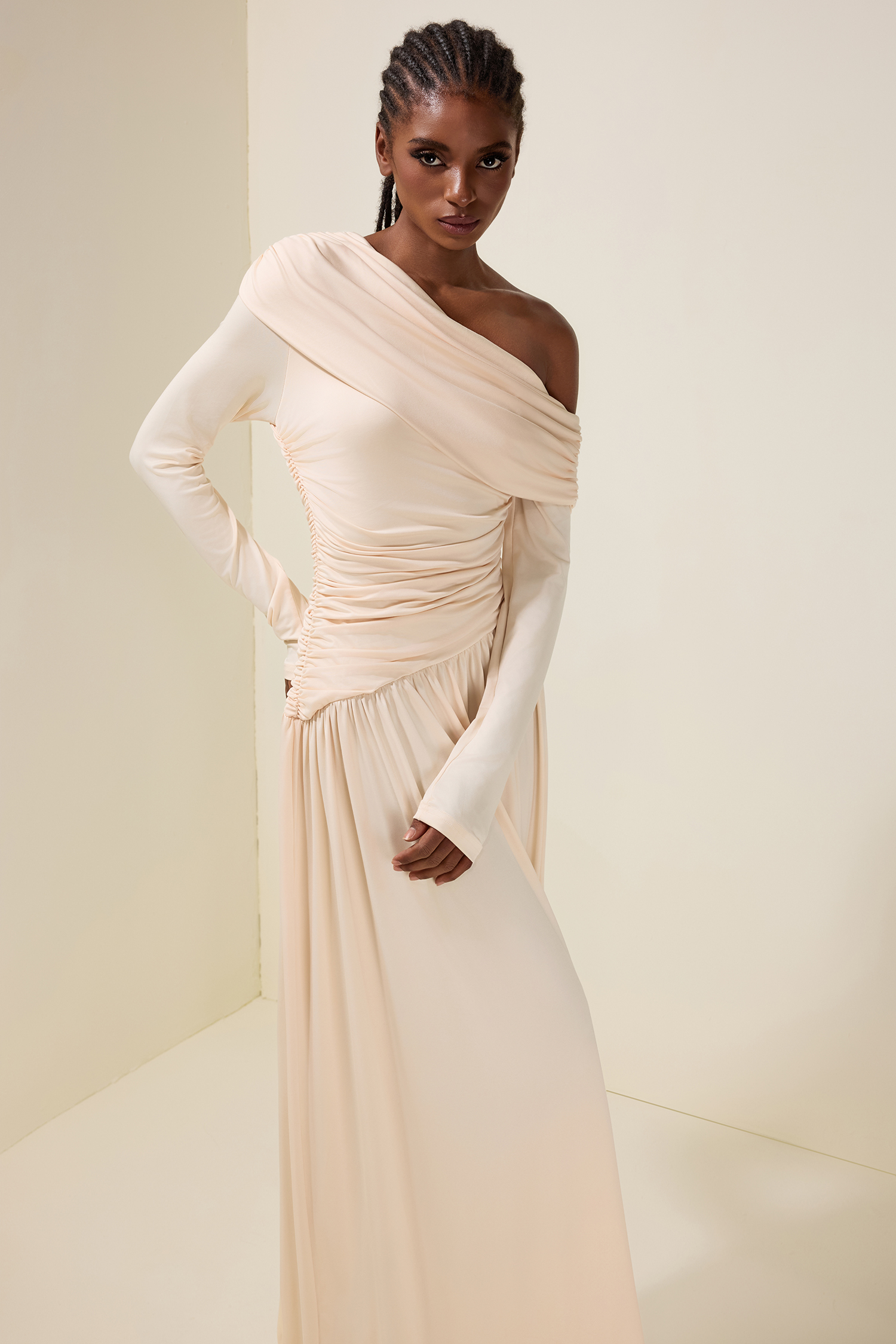 Jersey Gathering Long Sleeve Maxi Dress