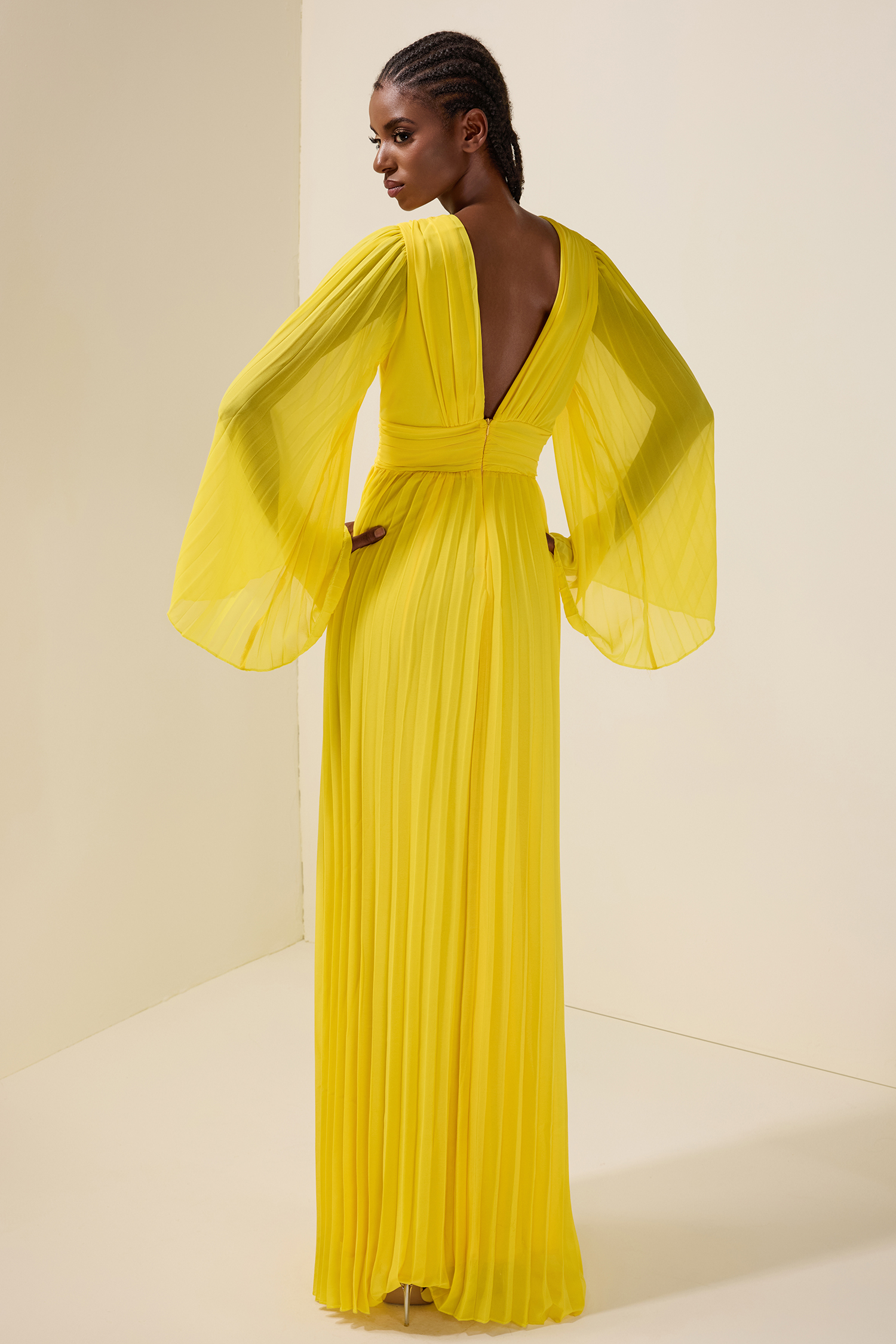 Chiffon Pleated Bell Sleeve Maxi Dress