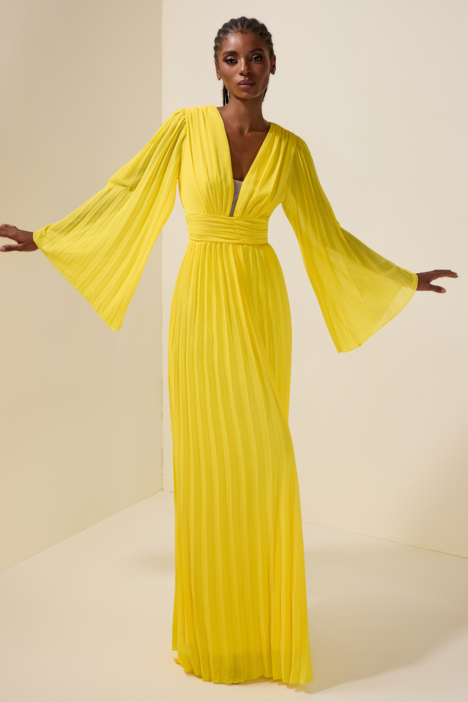 Chiffon Pleated Bell Sleeve Maxi Dress