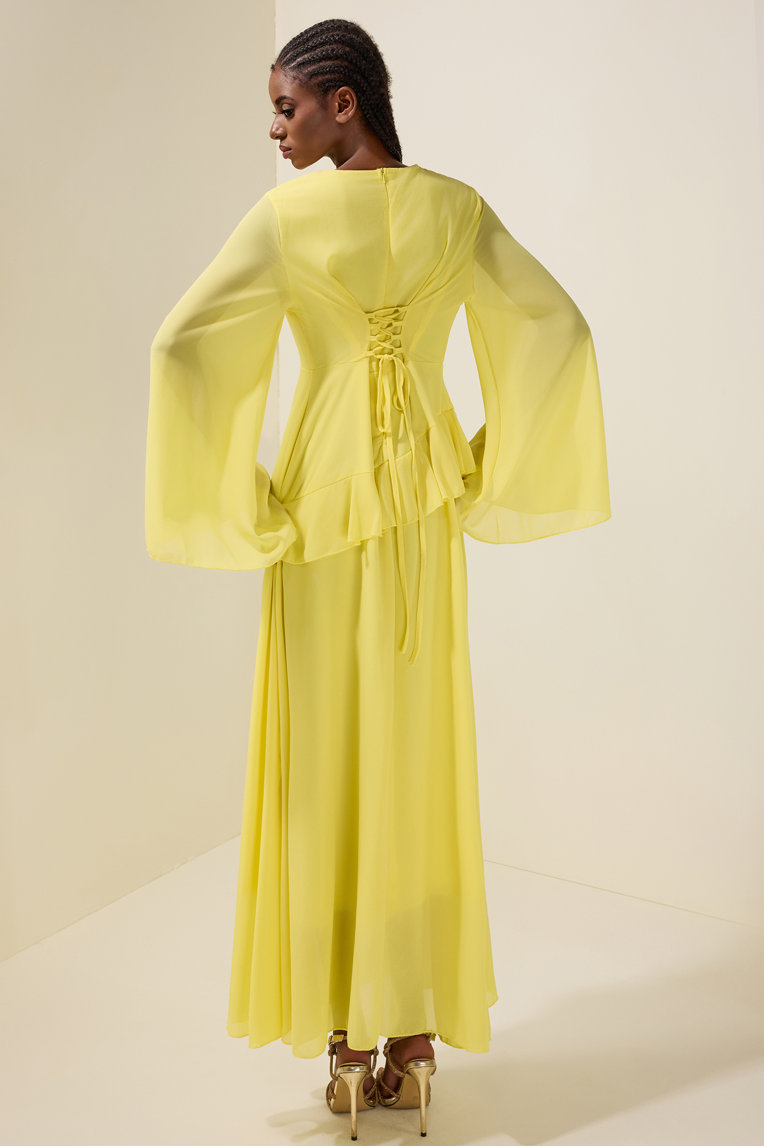 Chiffon Ruffle Long Sleeve Midi Dress