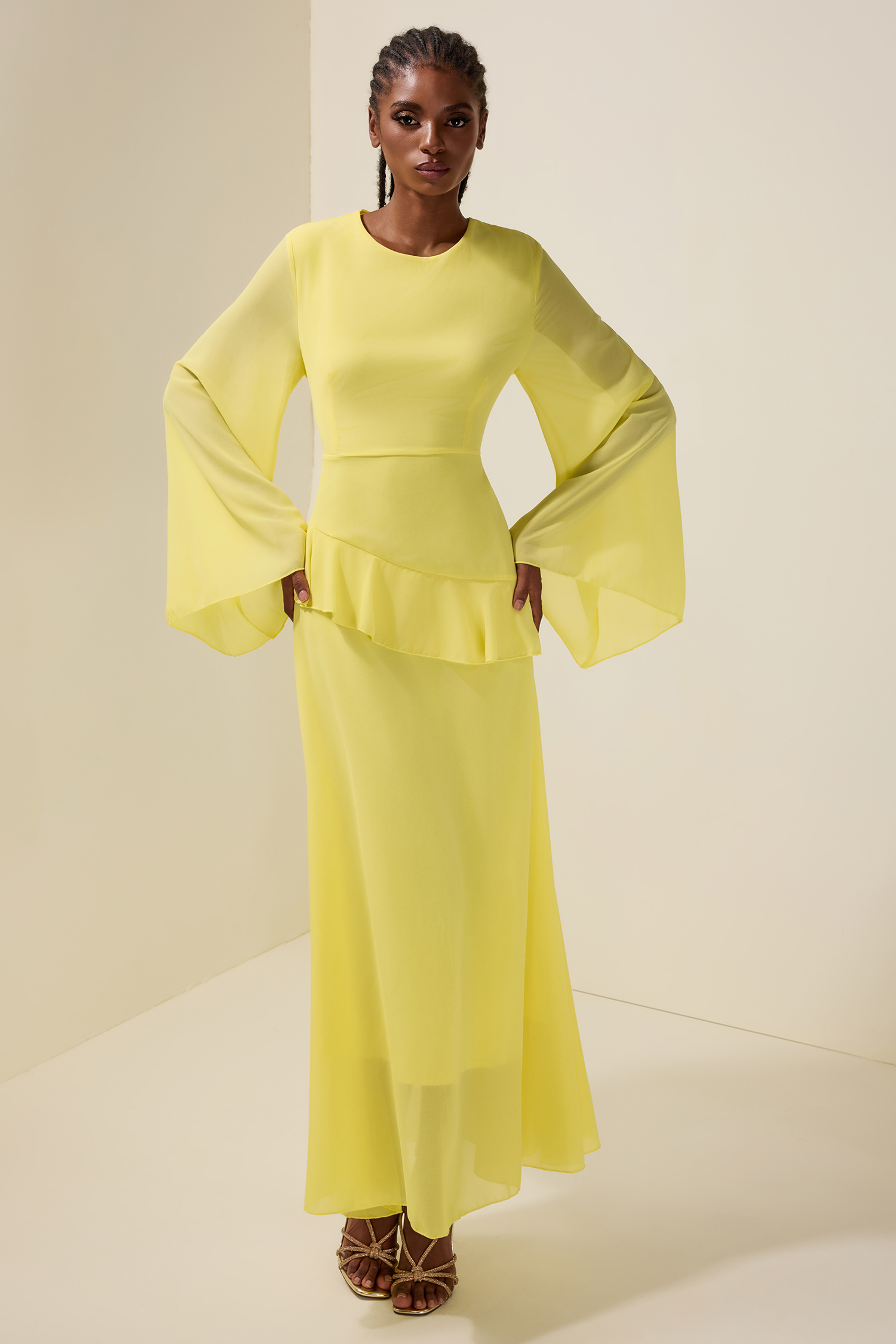 Chiffon Ruffle Long Sleeve Midi Dress