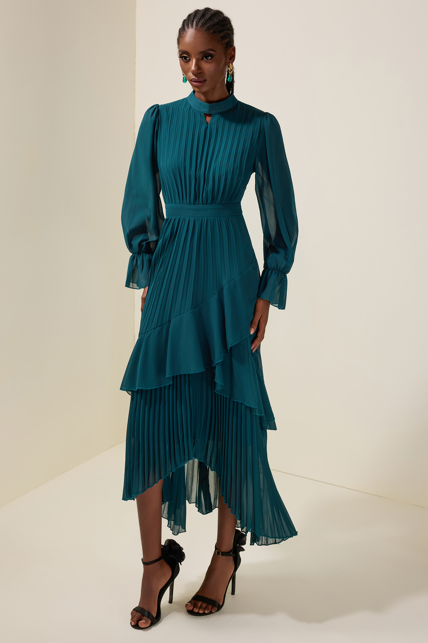 Chiffon Ruffle Pleated Midi Dress