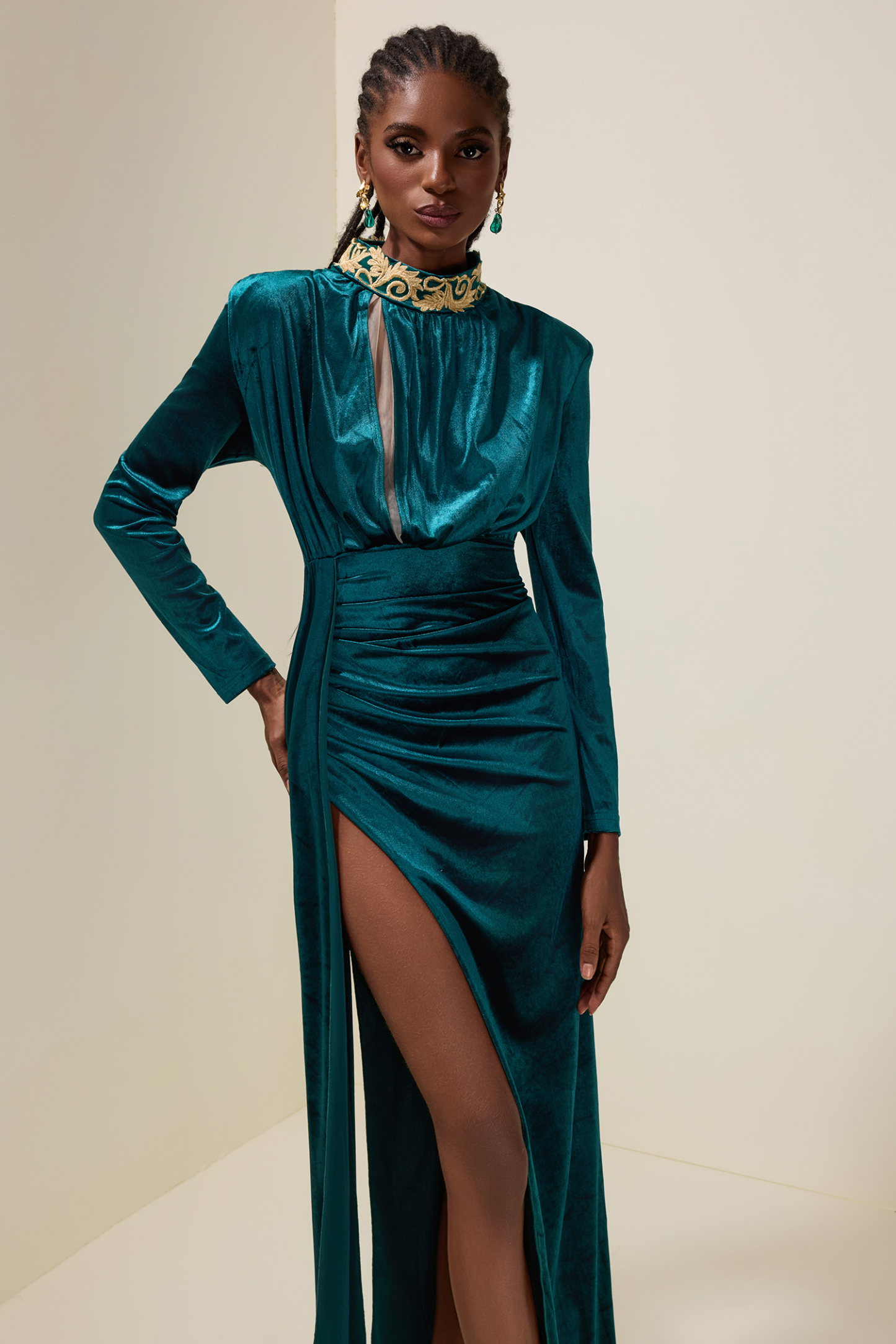 Velvet High Neck Split Maxi Dress