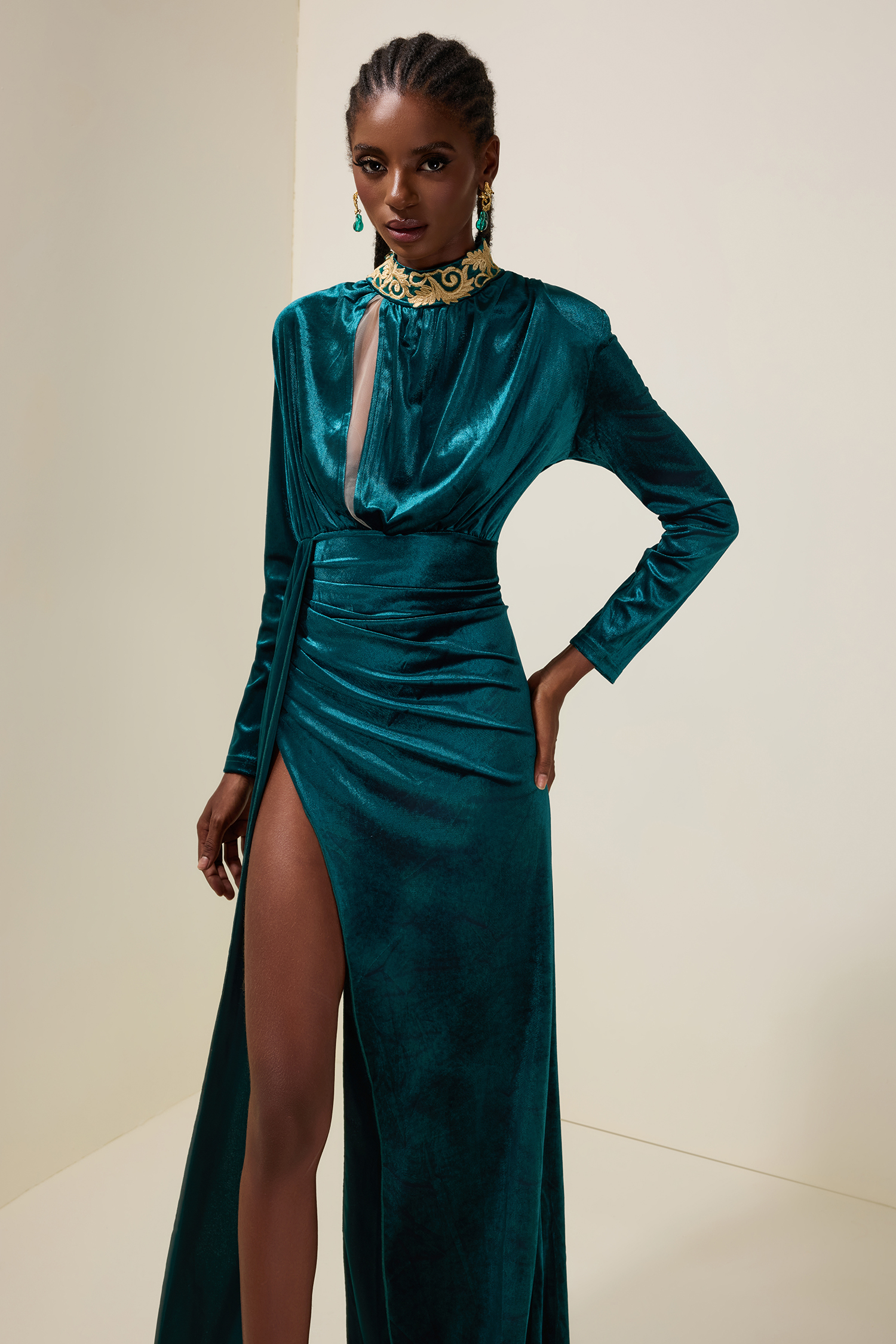 Velvet High Neck Split Maxi Dress