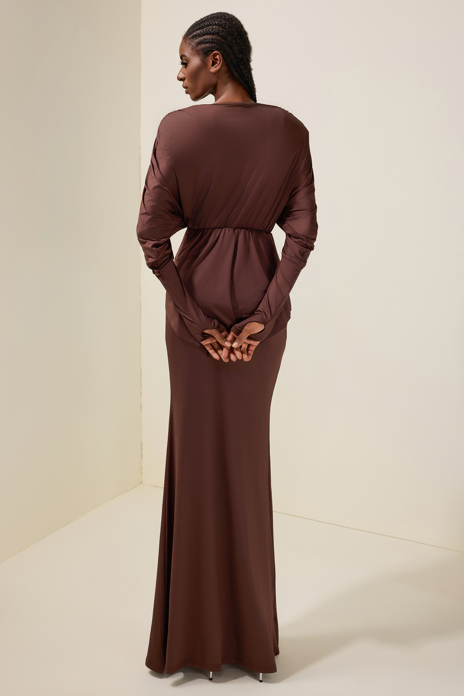 Jersey V-Neck Gathering Top & High Waist Maxi Skirt Set