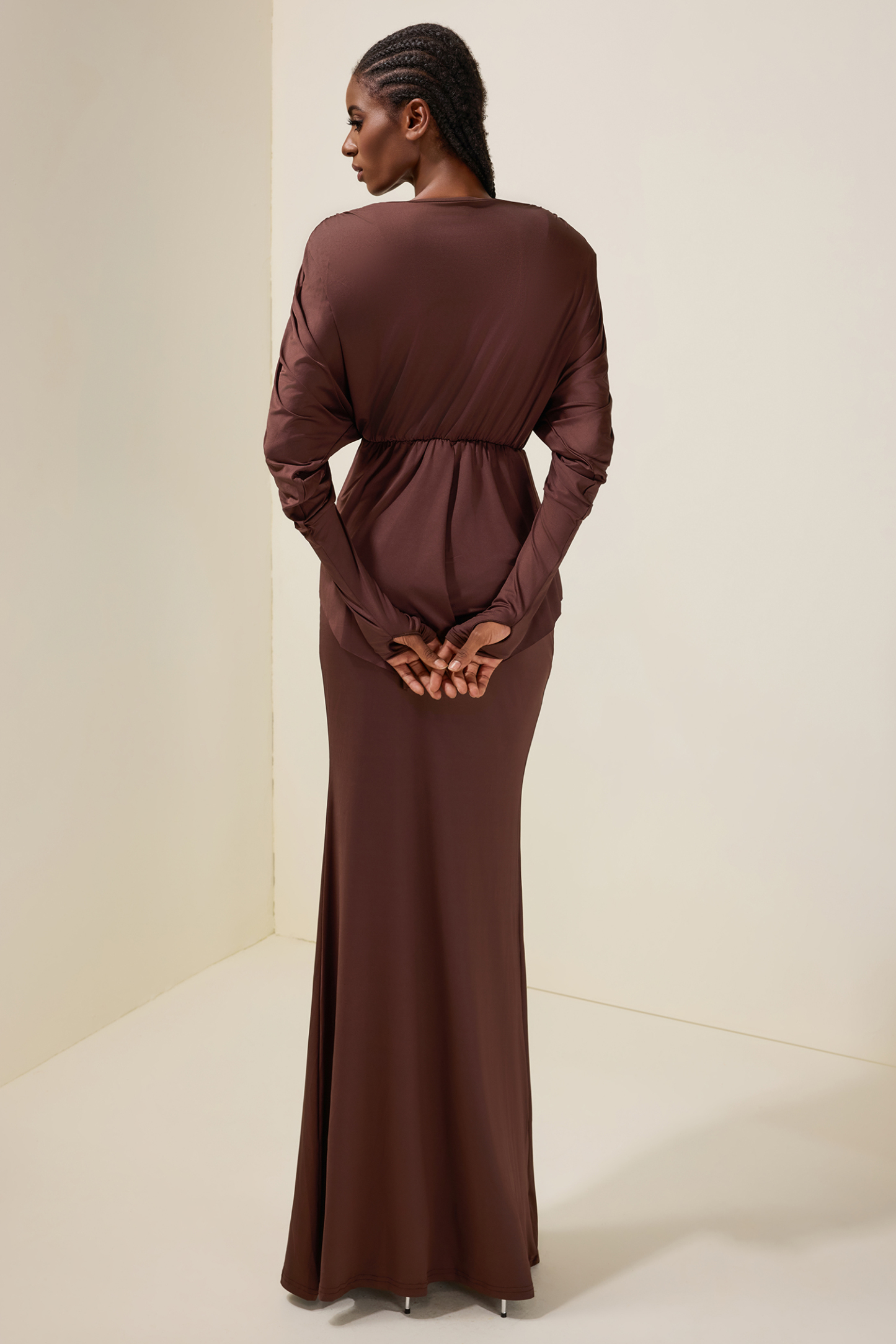 Jersey V-Neck Gathering Top & High Waist Maxi Skirt Set