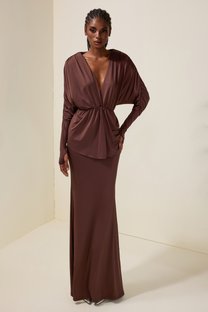 Jersey V-Neck Gathering Top & High Waist Maxi Skirt Set