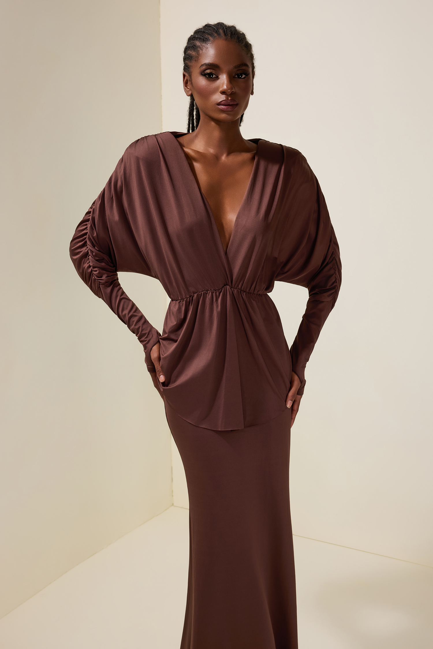 Jersey V-Neck Gathering Top & High Waist Maxi Skirt Set