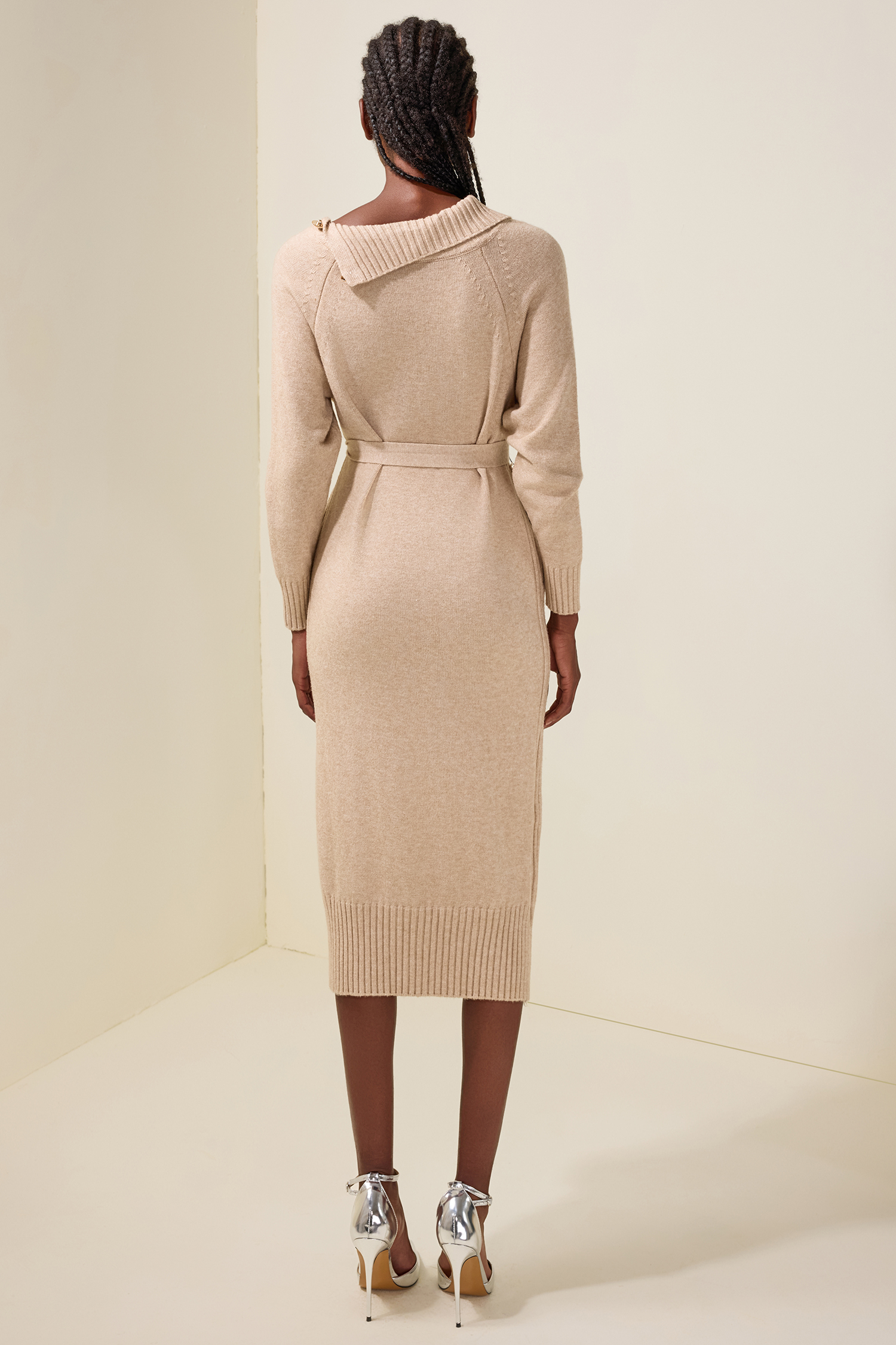 Knit Long Sleeve Metal Button Midi Dress With Belt