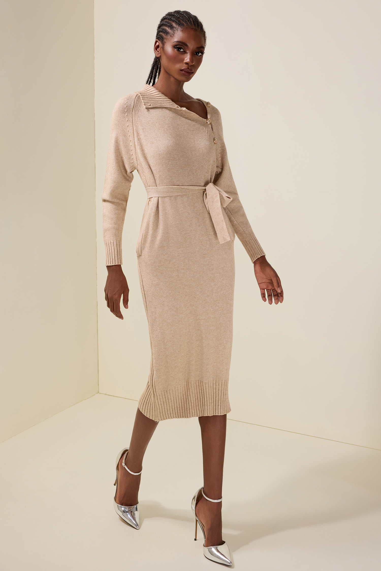 Knit Long Sleeve Metal Button Midi Dress With Belt