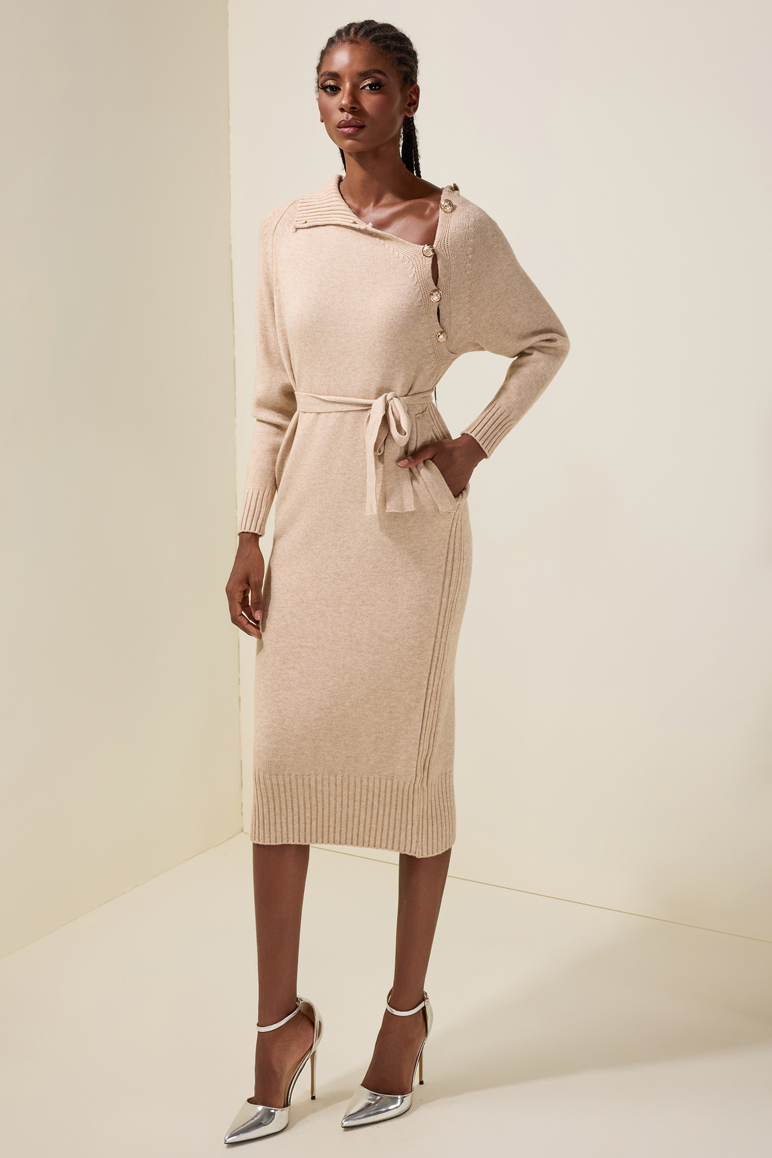Knit Long Sleeve Metal Button Midi Dress With Belt