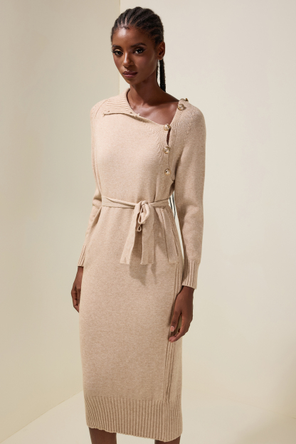 Knit Long Sleeve Metal Button Midi Dress With Belt
