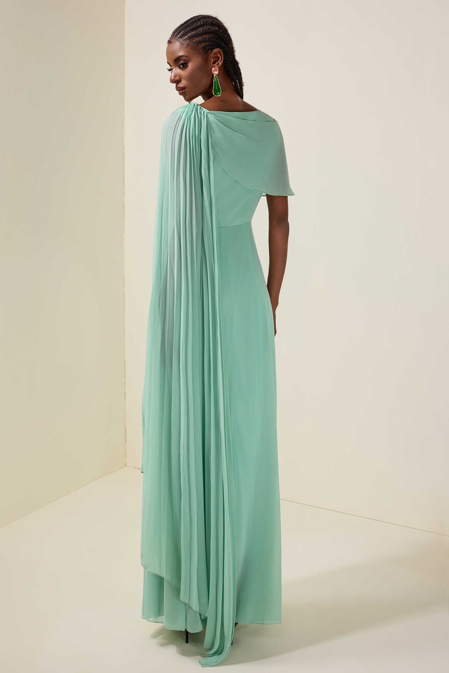 Chiffon Pleated Cape Sleeve Maxi Dress