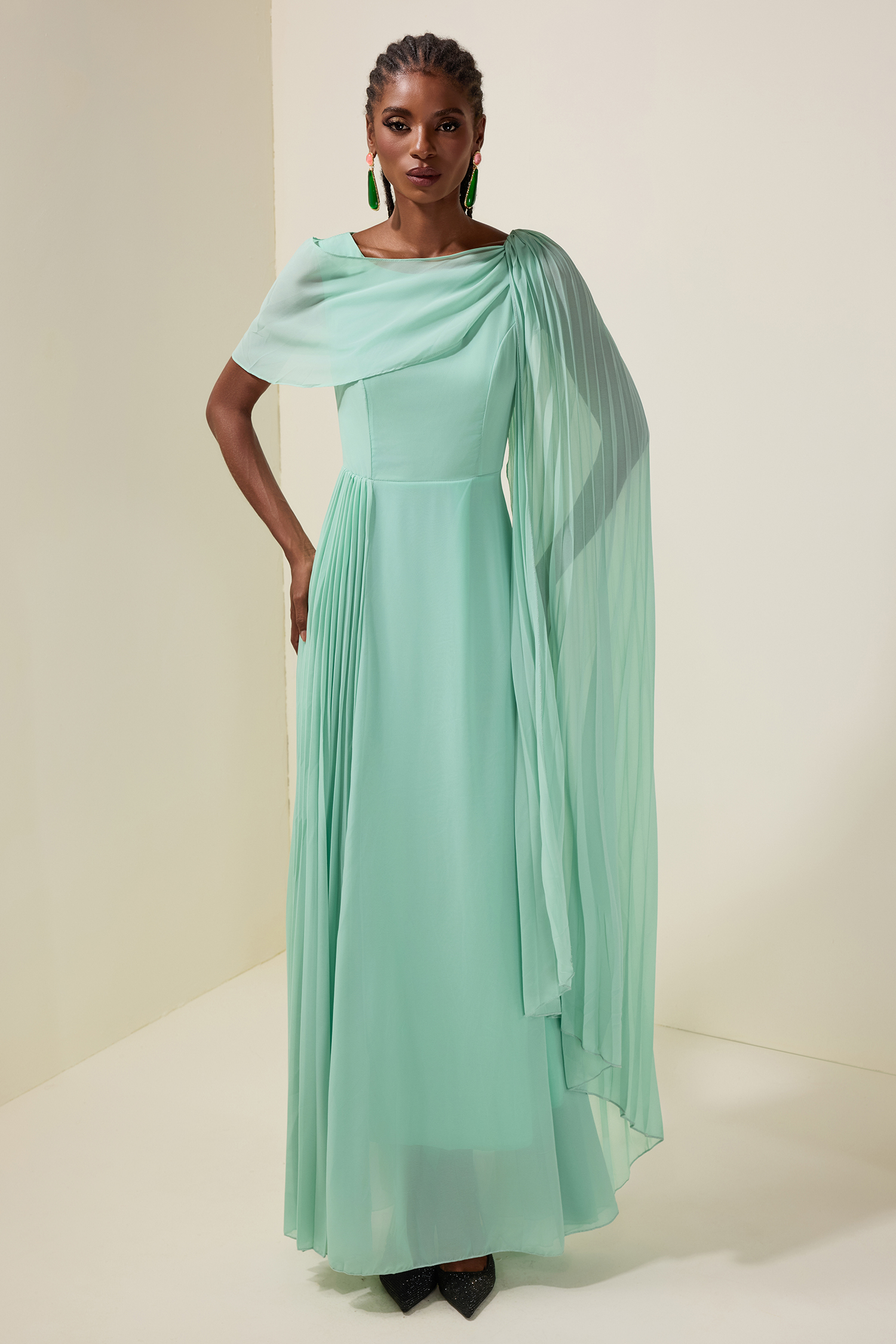 Chiffon Pleated Cape Sleeve Maxi Dress
