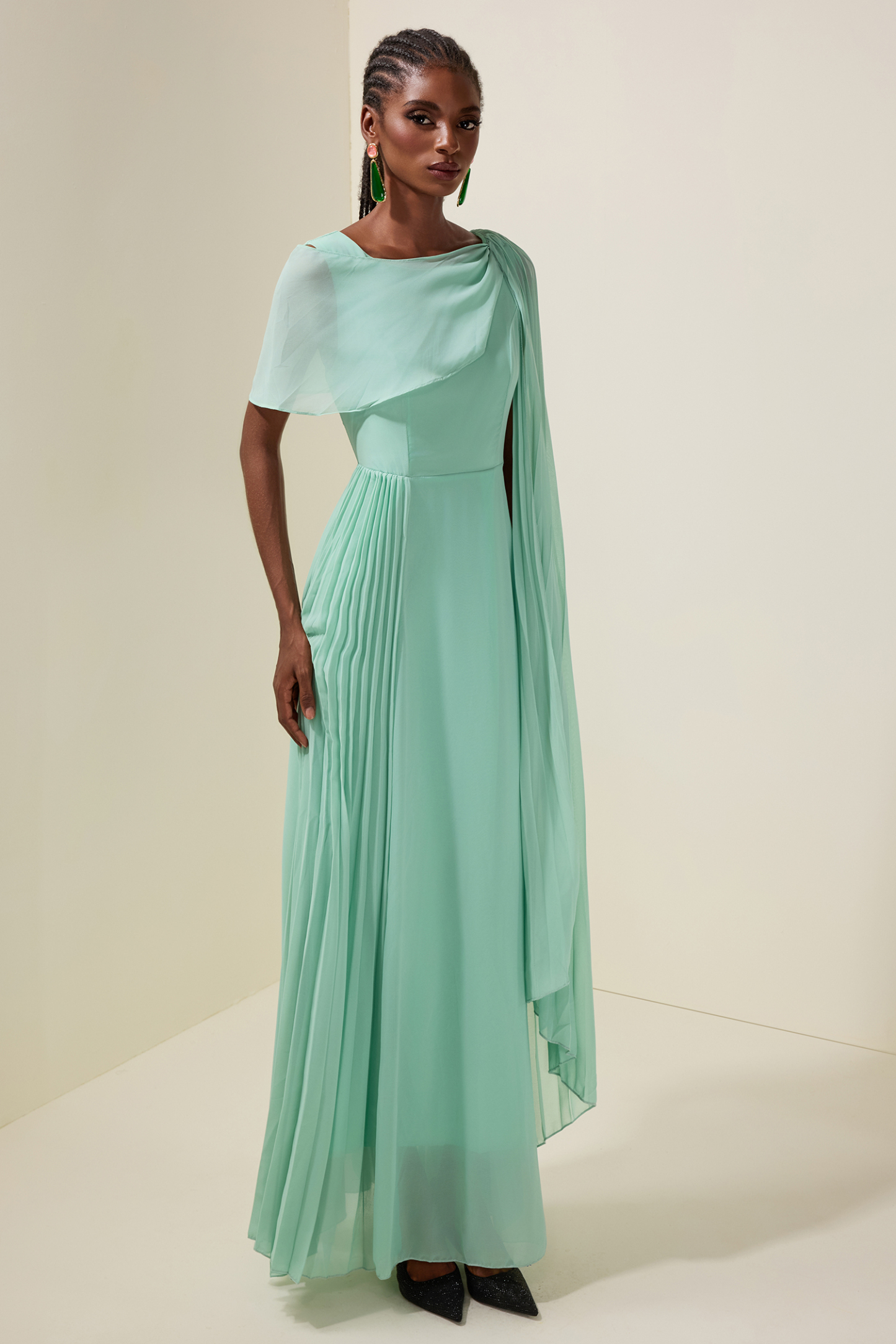 Chiffon Pleated Cape Sleeve Maxi Dress